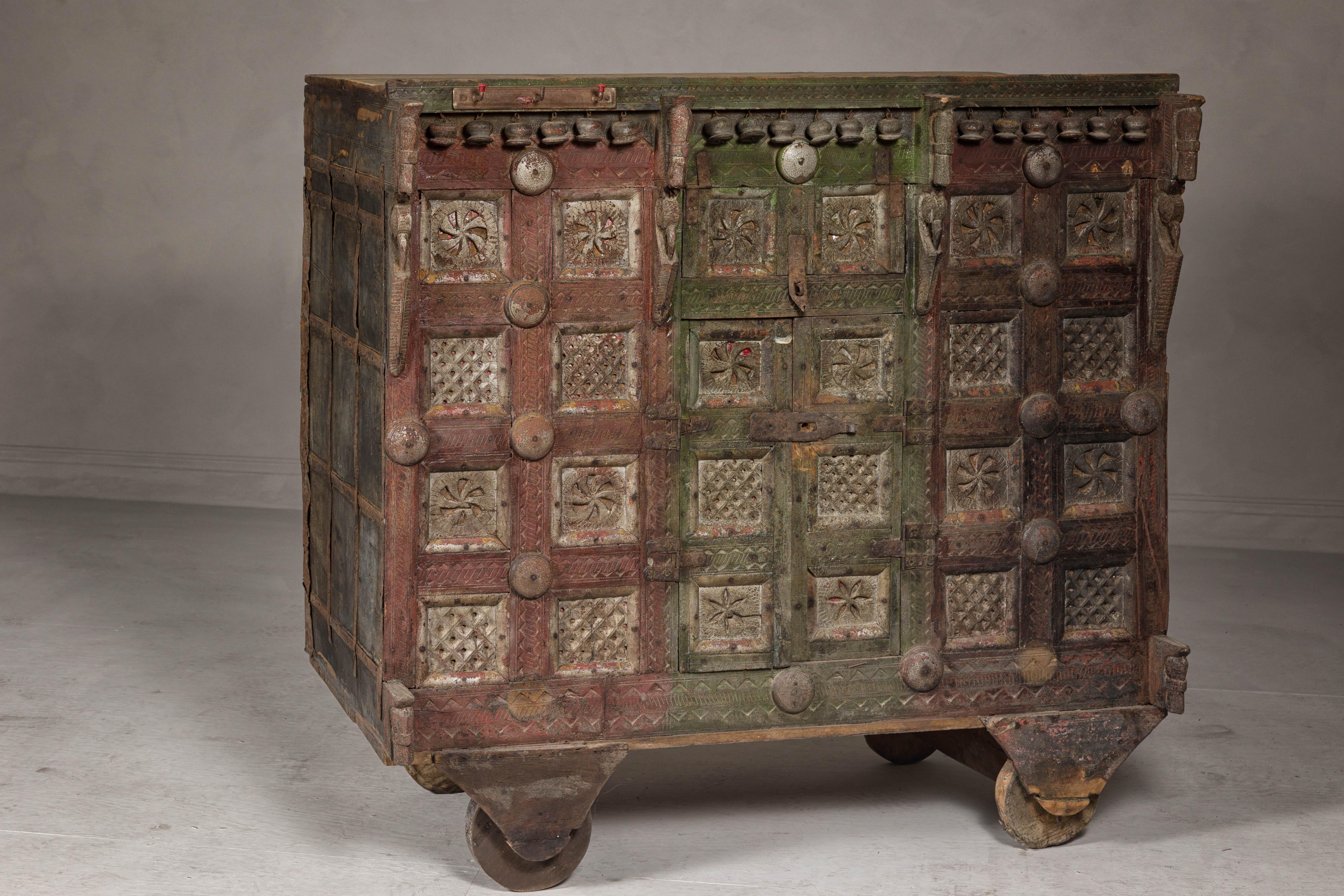 Indian Antique Carved Wooden Damachiya Dowry Cabinet on Wheels with Polychromy For Sale 1