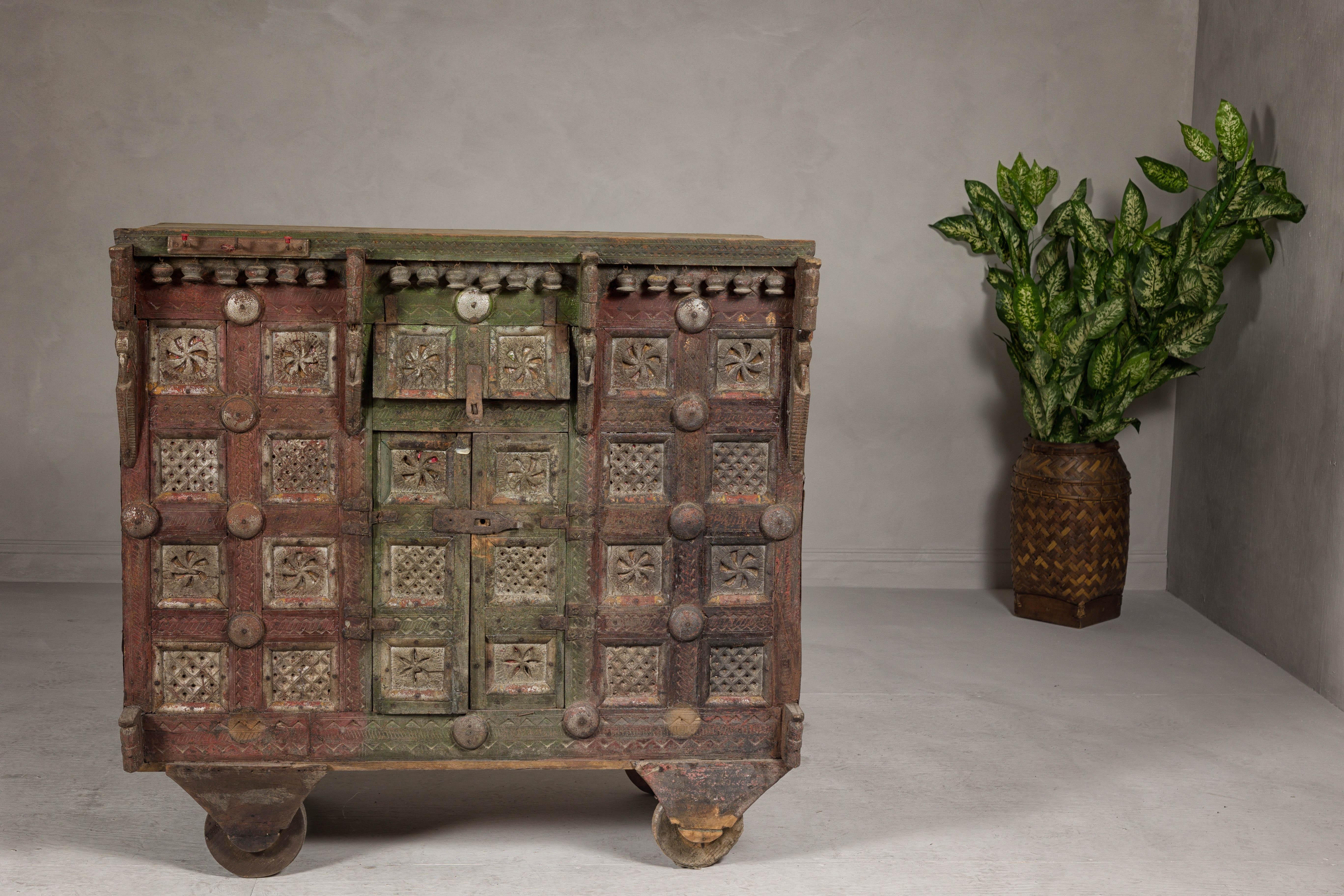 Indian Antique Carved Wooden Damachiya Dowry Cabinet on Wheels with Polychromy For Sale 2