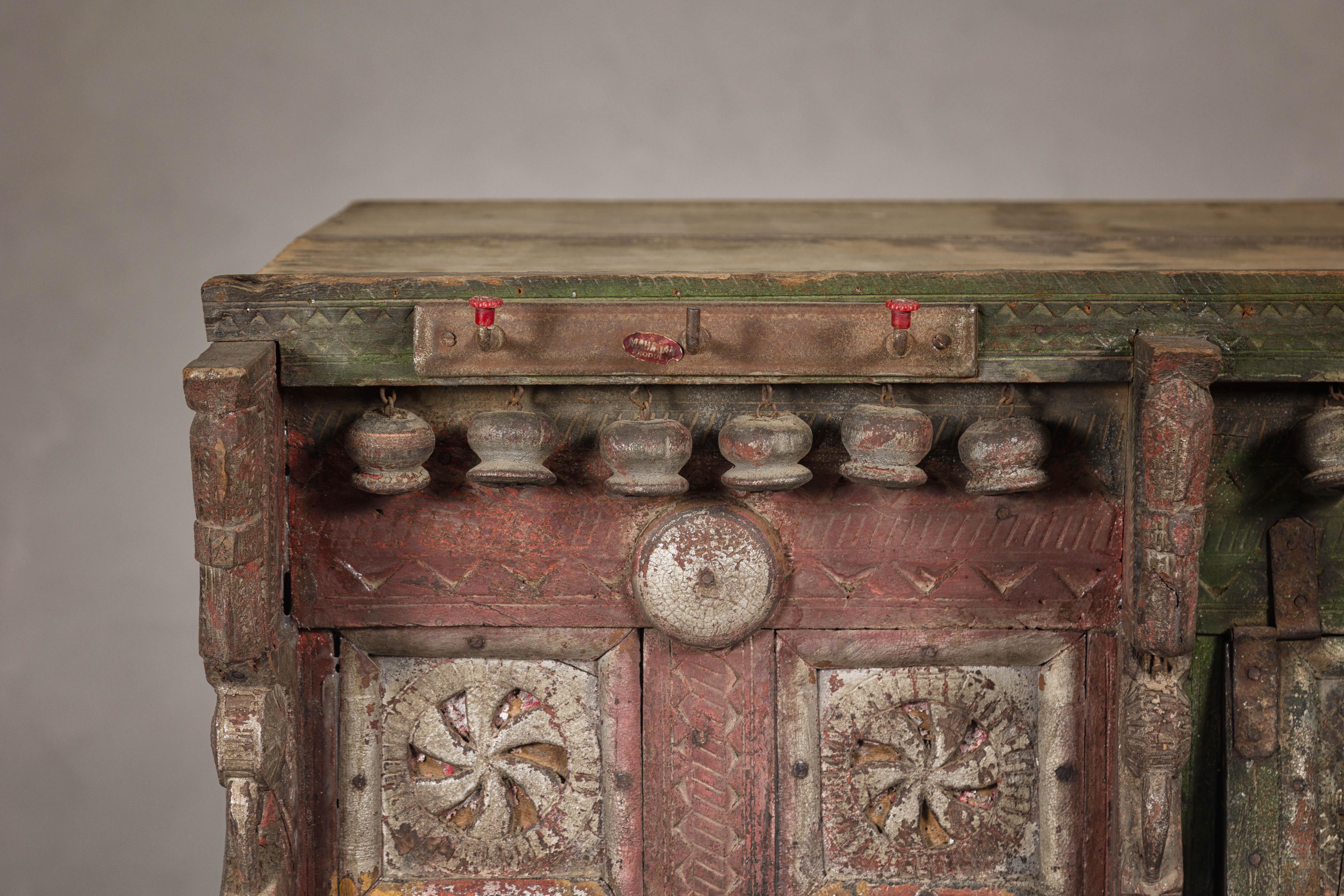 Indian Antique Carved Wooden Damachiya Dowry Cabinet on Wheels with Polychromy For Sale 3