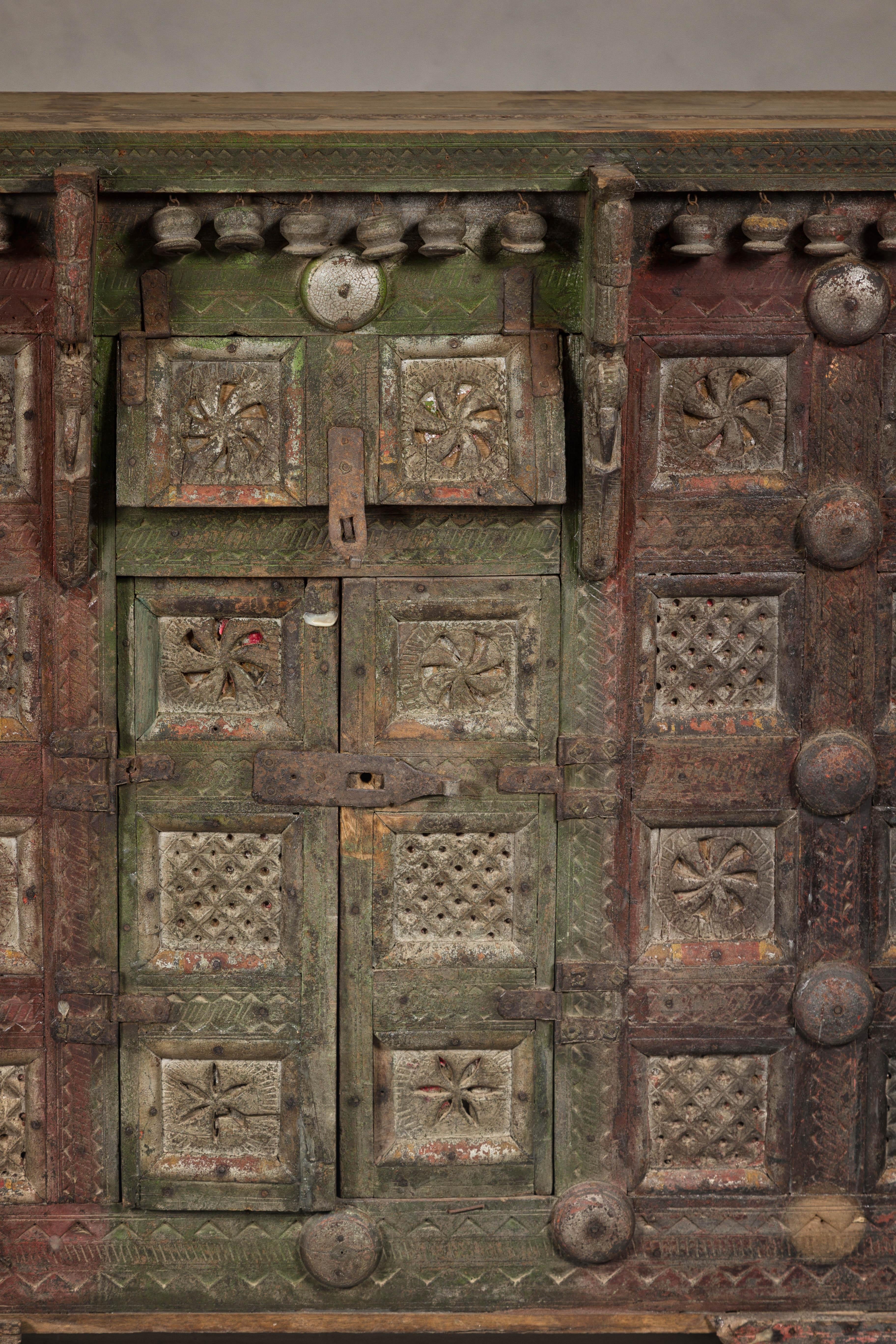 Indian Antique Carved Wooden Damachiya Dowry Cabinet on Wheels with Polychromy For Sale 4