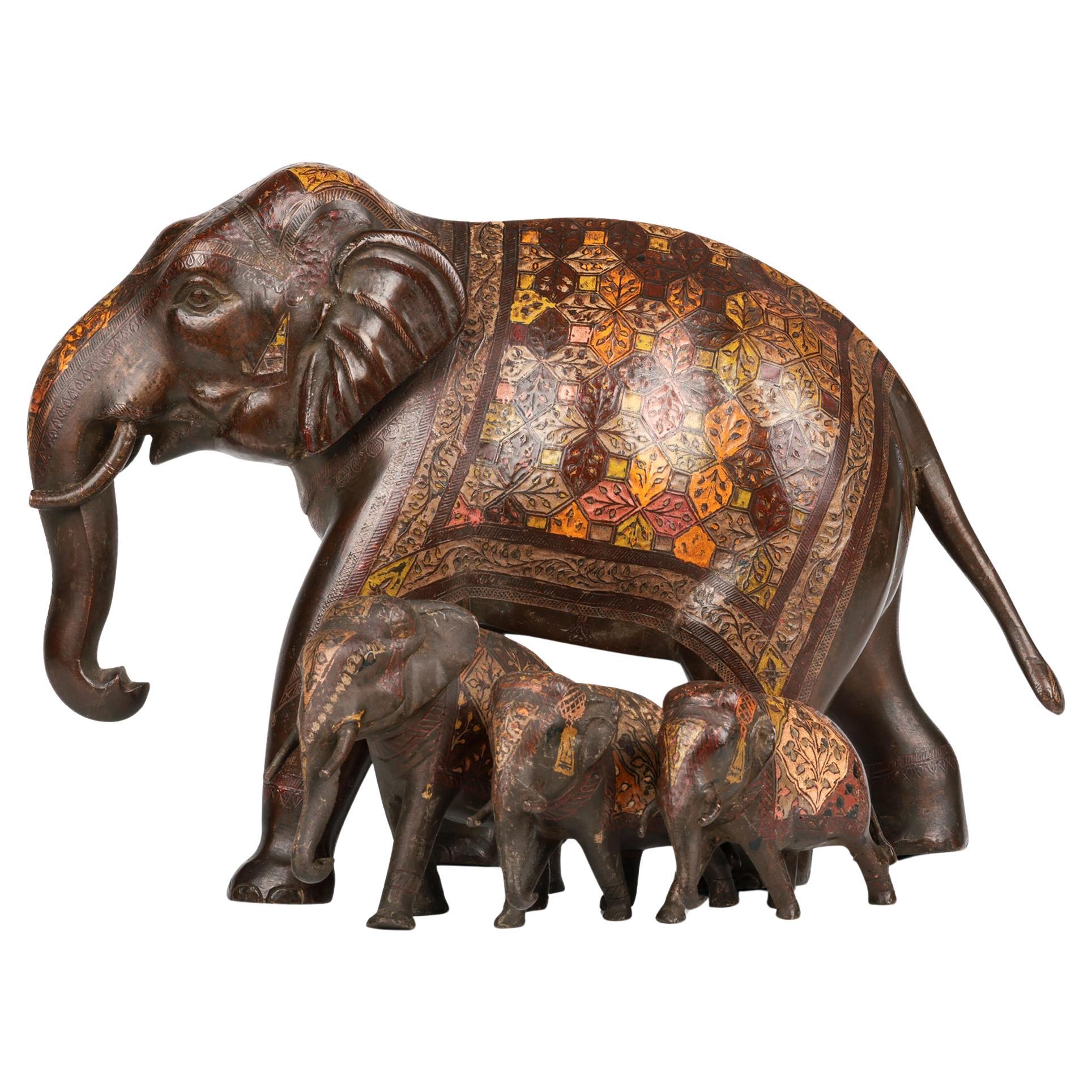 Indian Antique Cold Painted Tapestry Design Bronze Family of Elephants For Sale