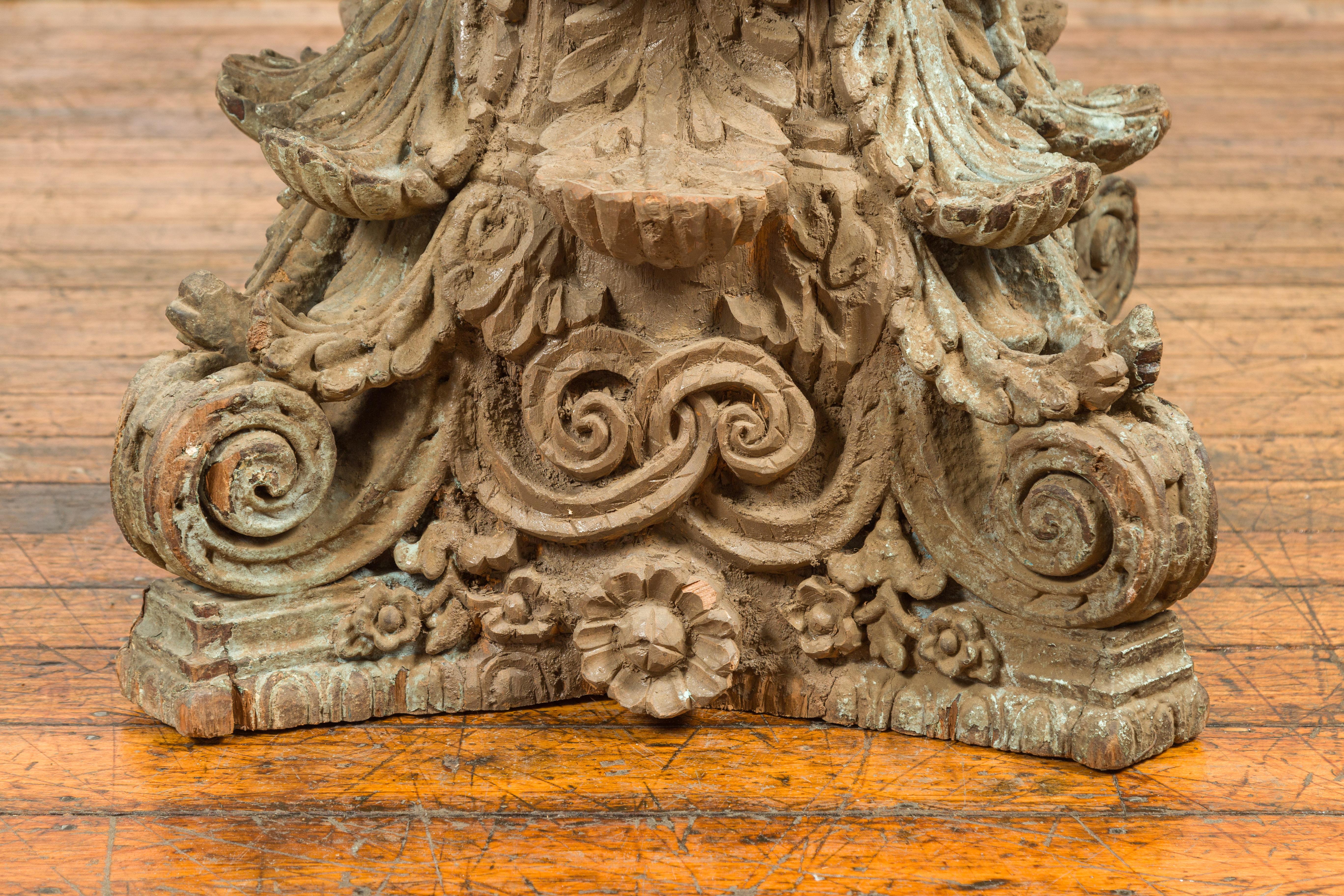 19th Century Indian Antique Corinthian Temple Capital Carving with Distressed Patina For Sale