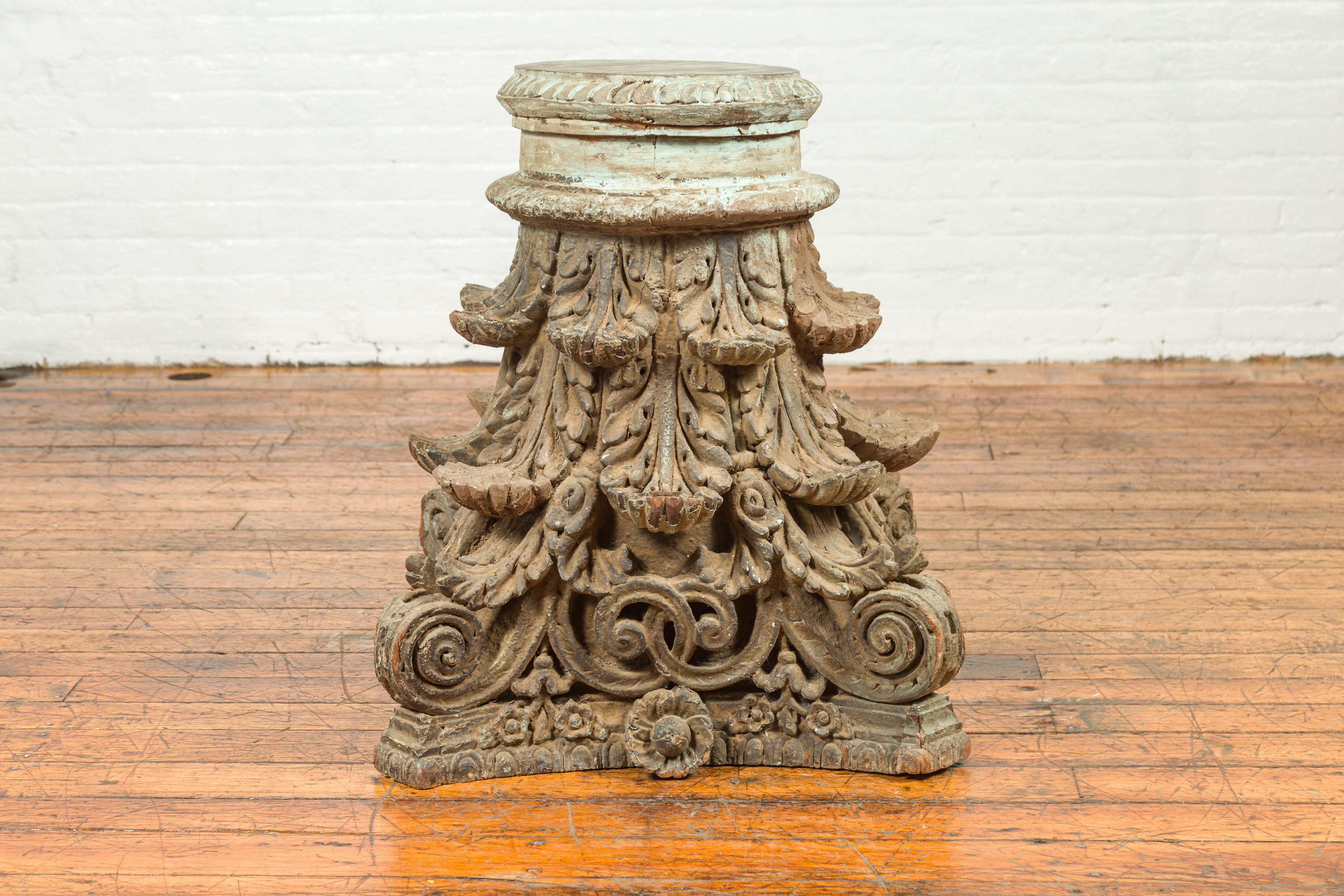 Indian Antique Corinthian Temple Capital Carving with Distressed Patina For Sale 2
