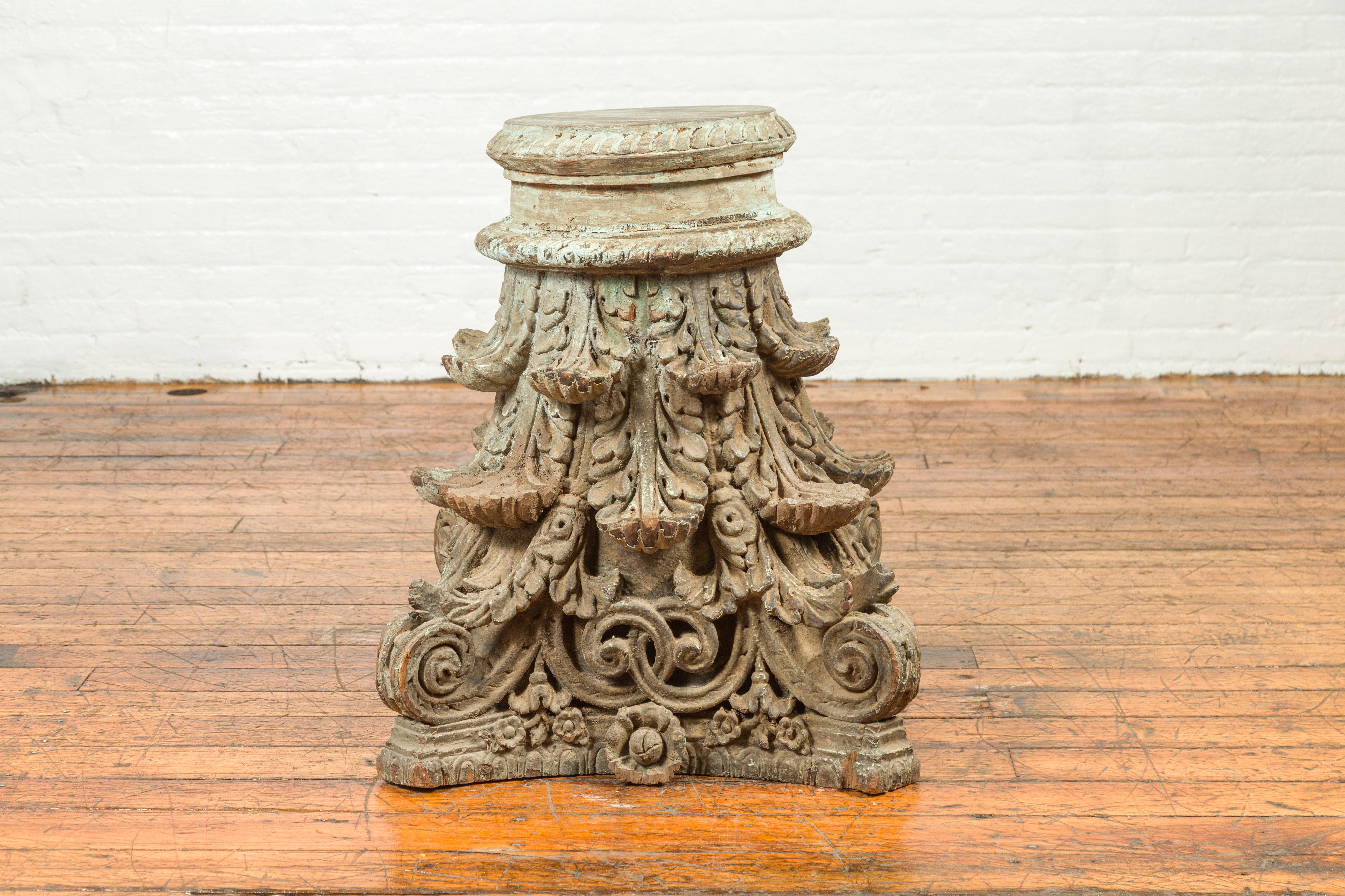 Indian Antique Corinthian Temple Capital Carving with Distressed Patina For Sale 3