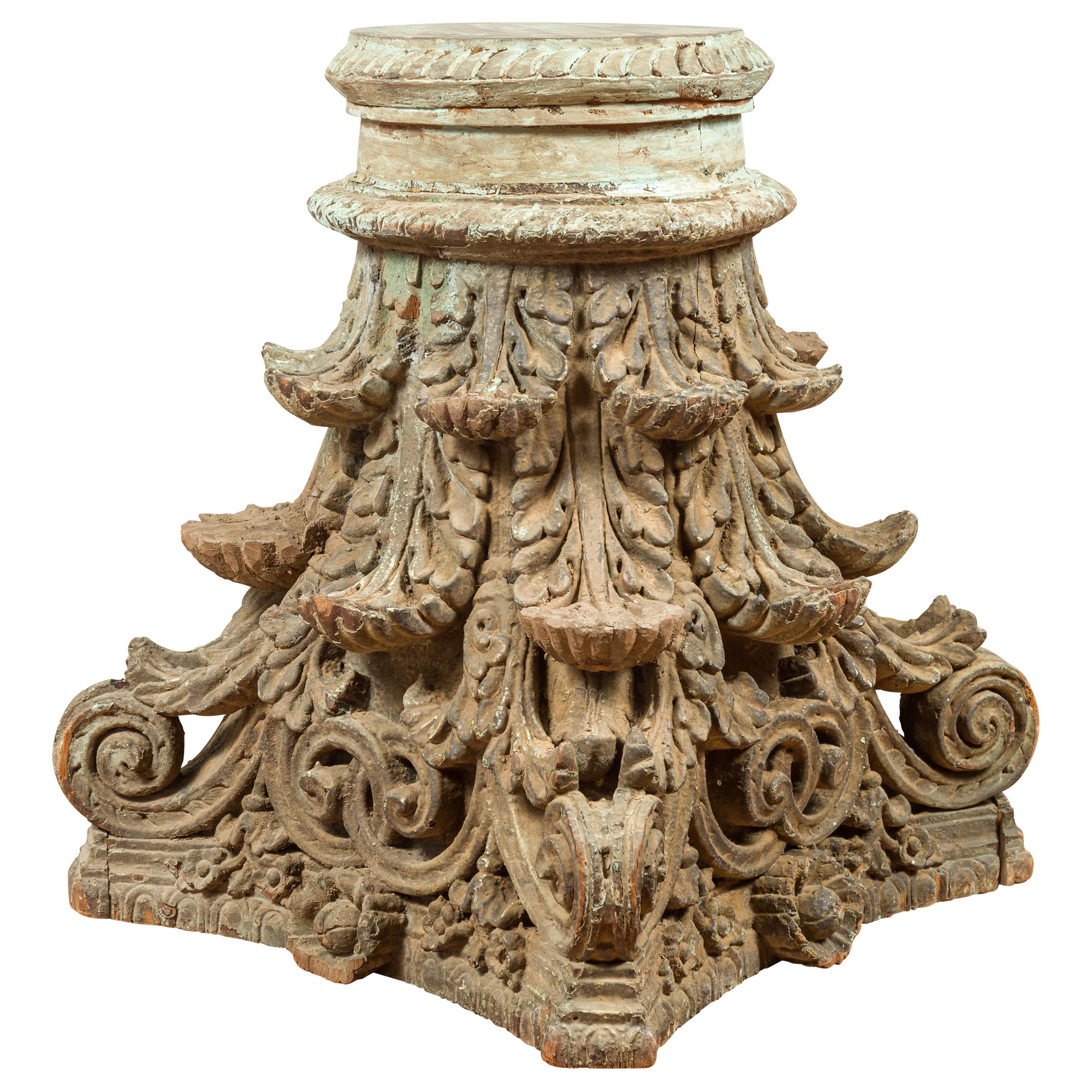 Indian Antique Corinthian Temple Capital Carving with Distressed Patina For Sale