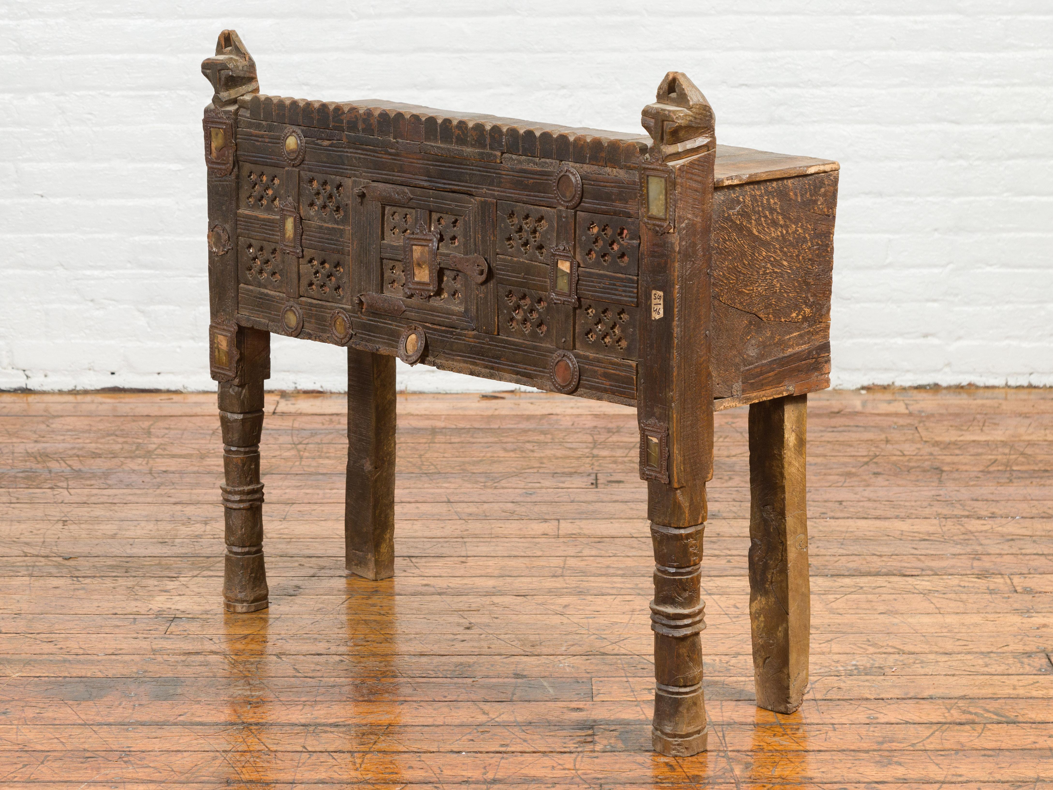 Indian Antique Damachiya Cabinet on Legs with Geometric Design and Horse Heads 3