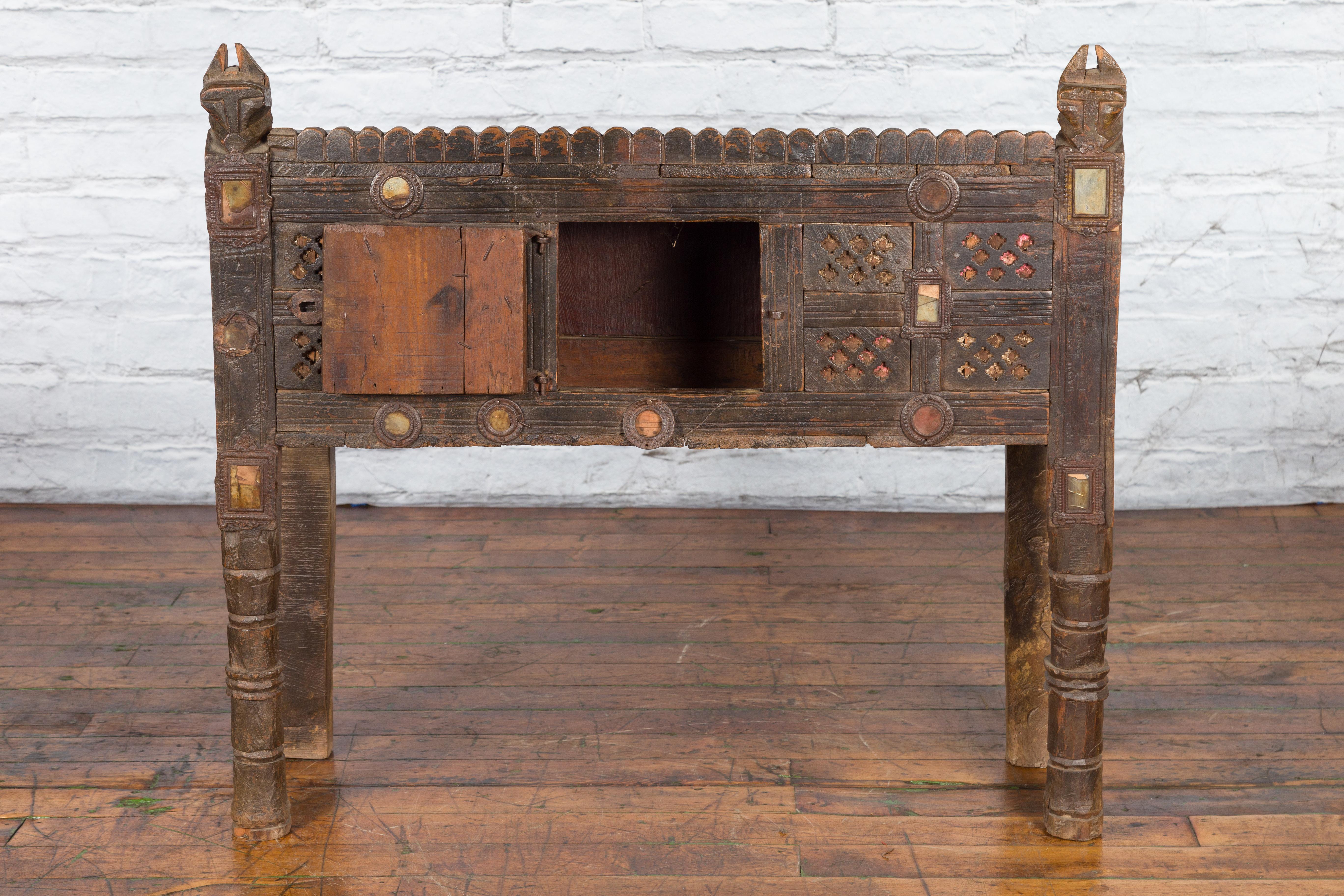 Indian Antique Damachiya Cabinet on Legs with Geometric Design and Horse Heads 7