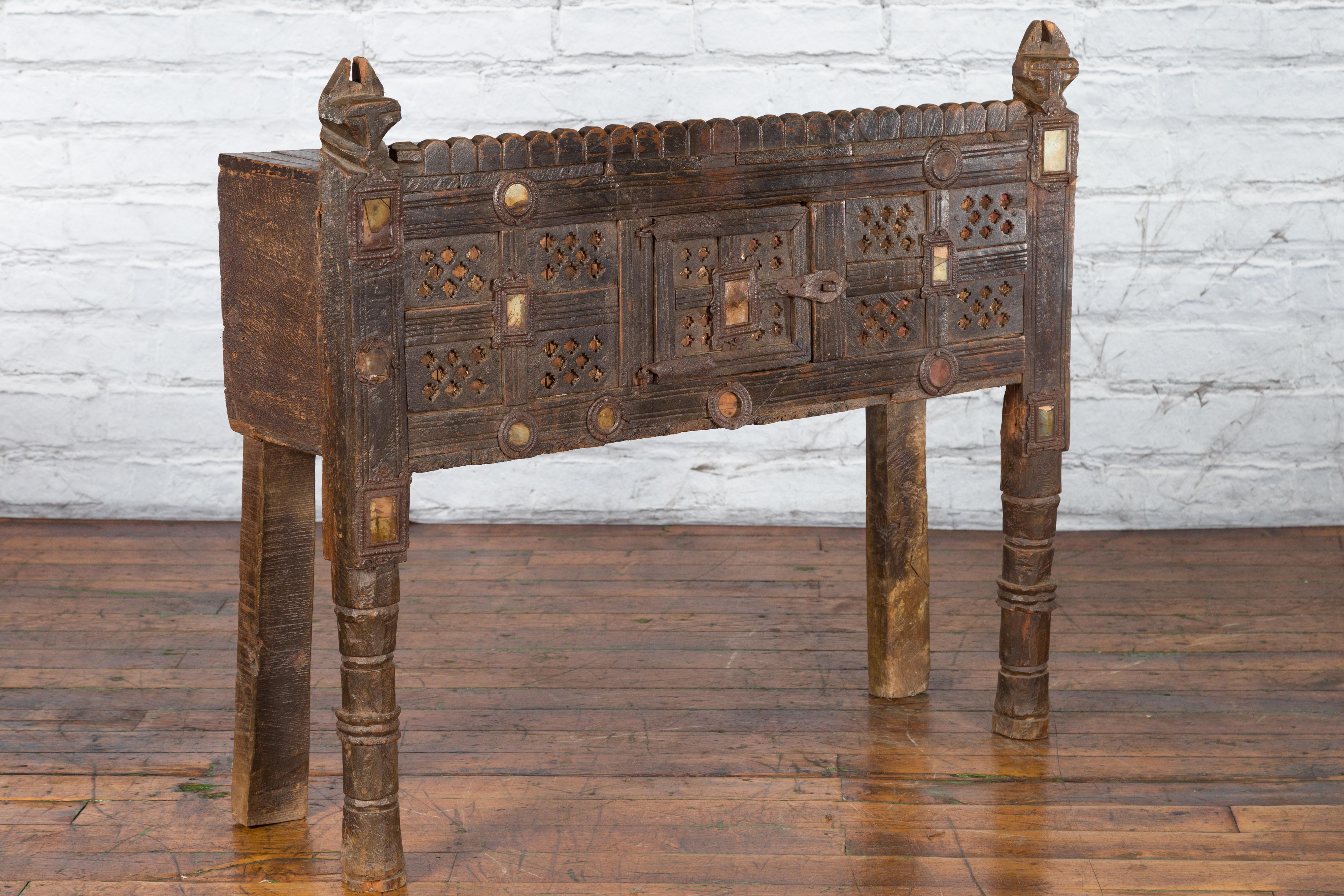 Indian Antique Damachiya Cabinet on Legs with Geometric Design and Horse Heads 8