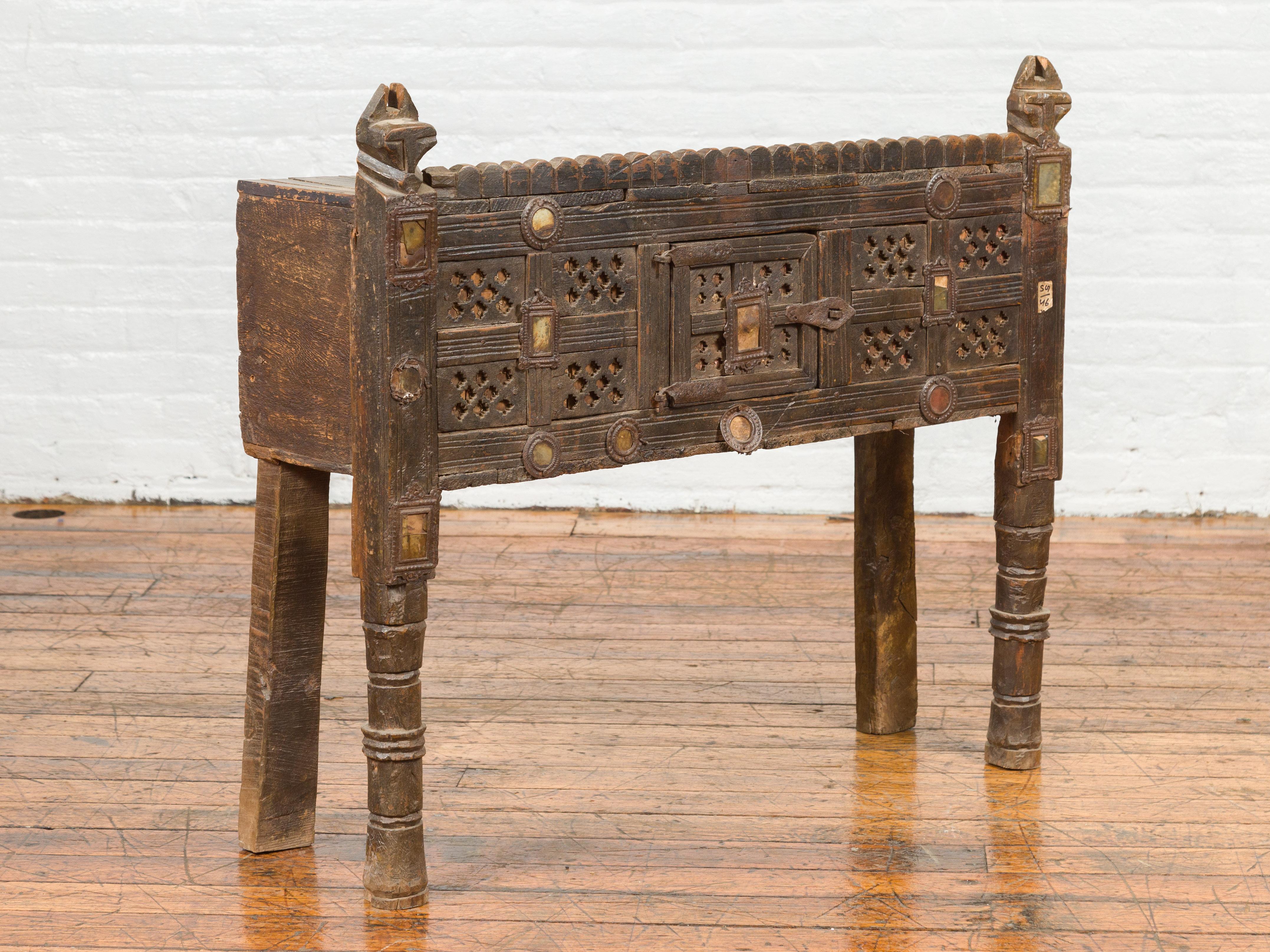 Tribal Indian Antique Damachiya Cabinet on Legs with Geometric Design and Horse Heads