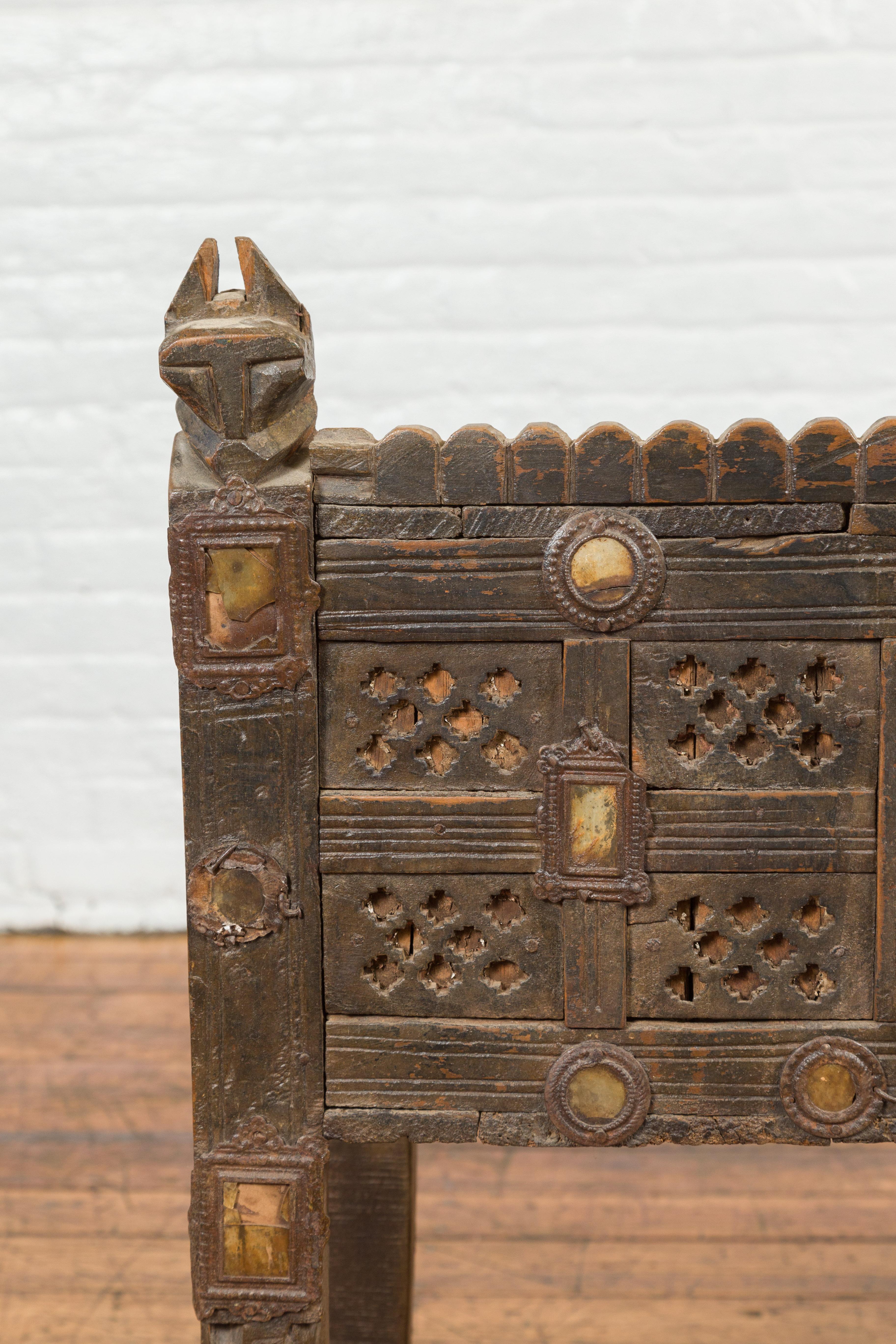 Carved Indian Antique Damachiya Cabinet on Legs with Geometric Design and Horse Heads