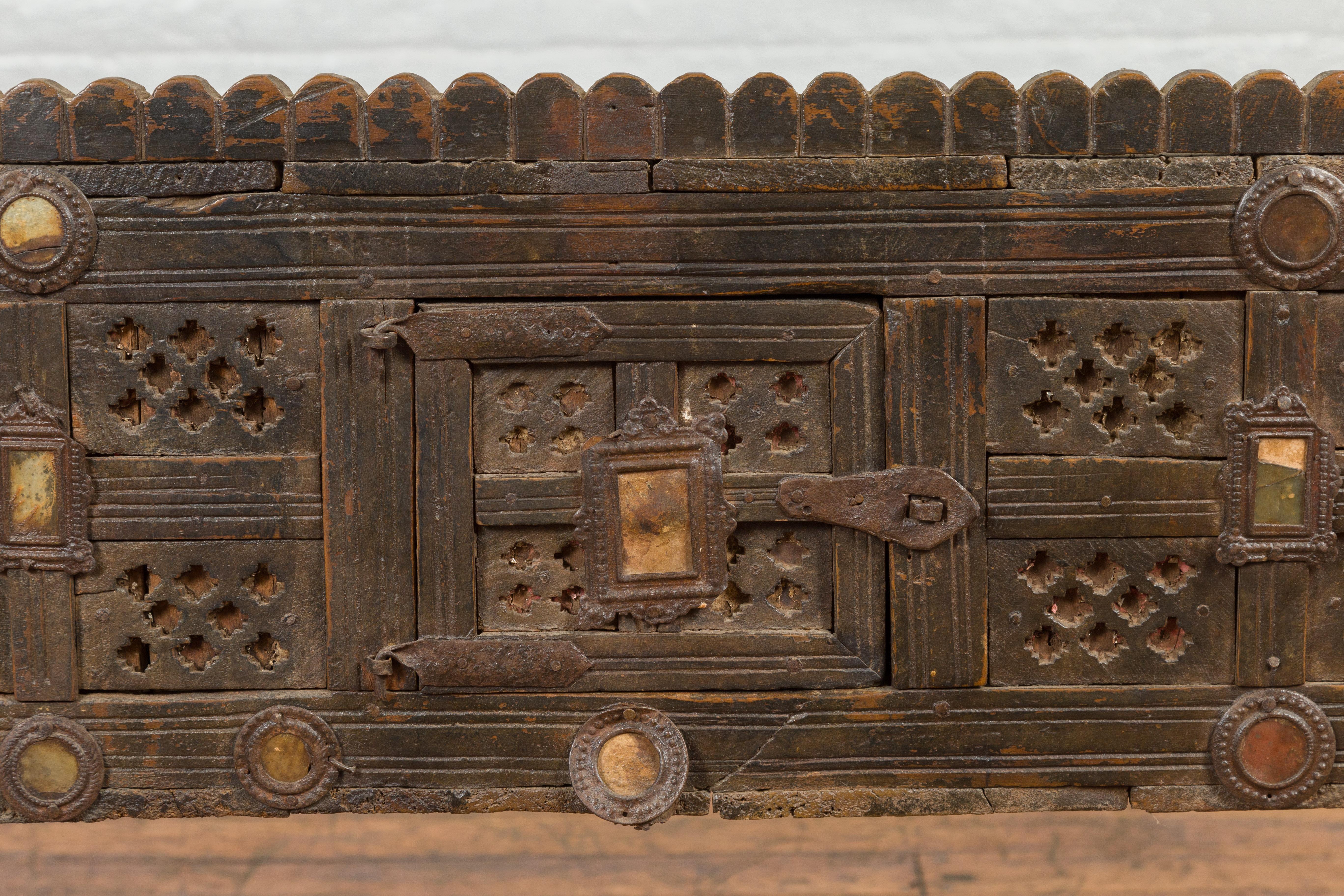 Tribal Indian Antique Damachiya Cabinet on Legs with Geometric Design and Horse Heads