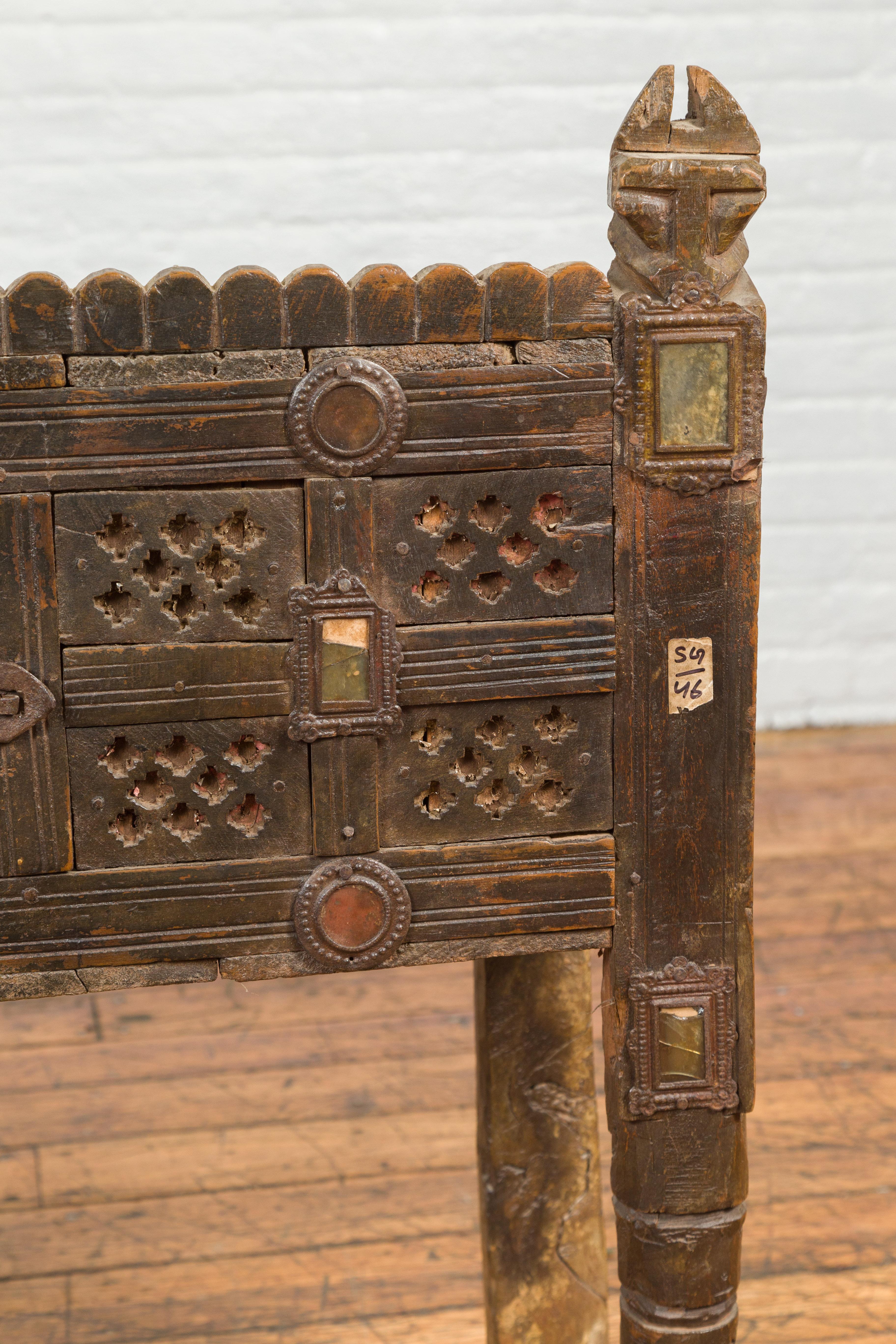 19th Century Indian Antique Damachiya Cabinet on Legs with Geometric Design and Horse Heads