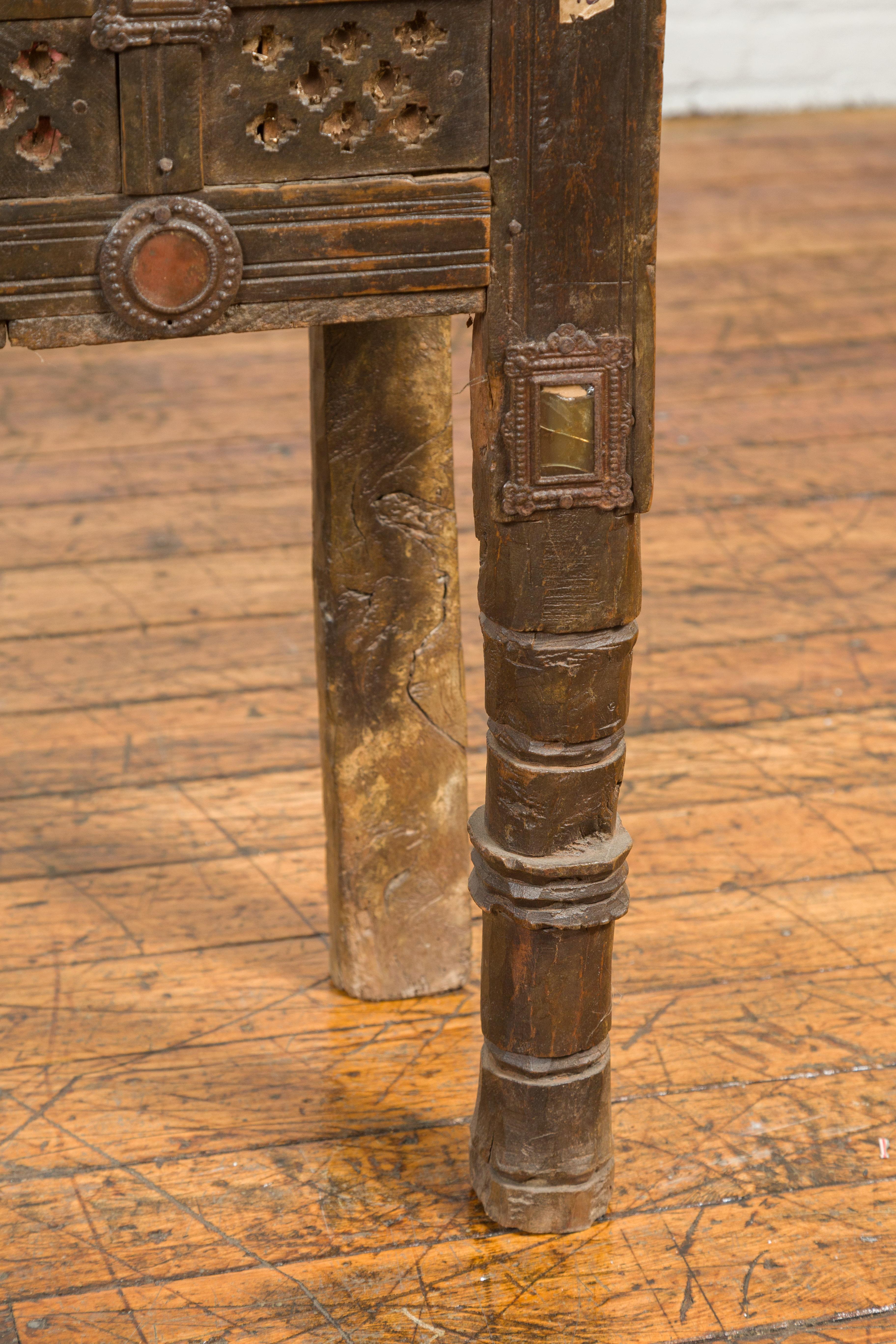 19th Century Indian Antique Damachiya Cabinet on Legs with Geometric Design and Horse Heads