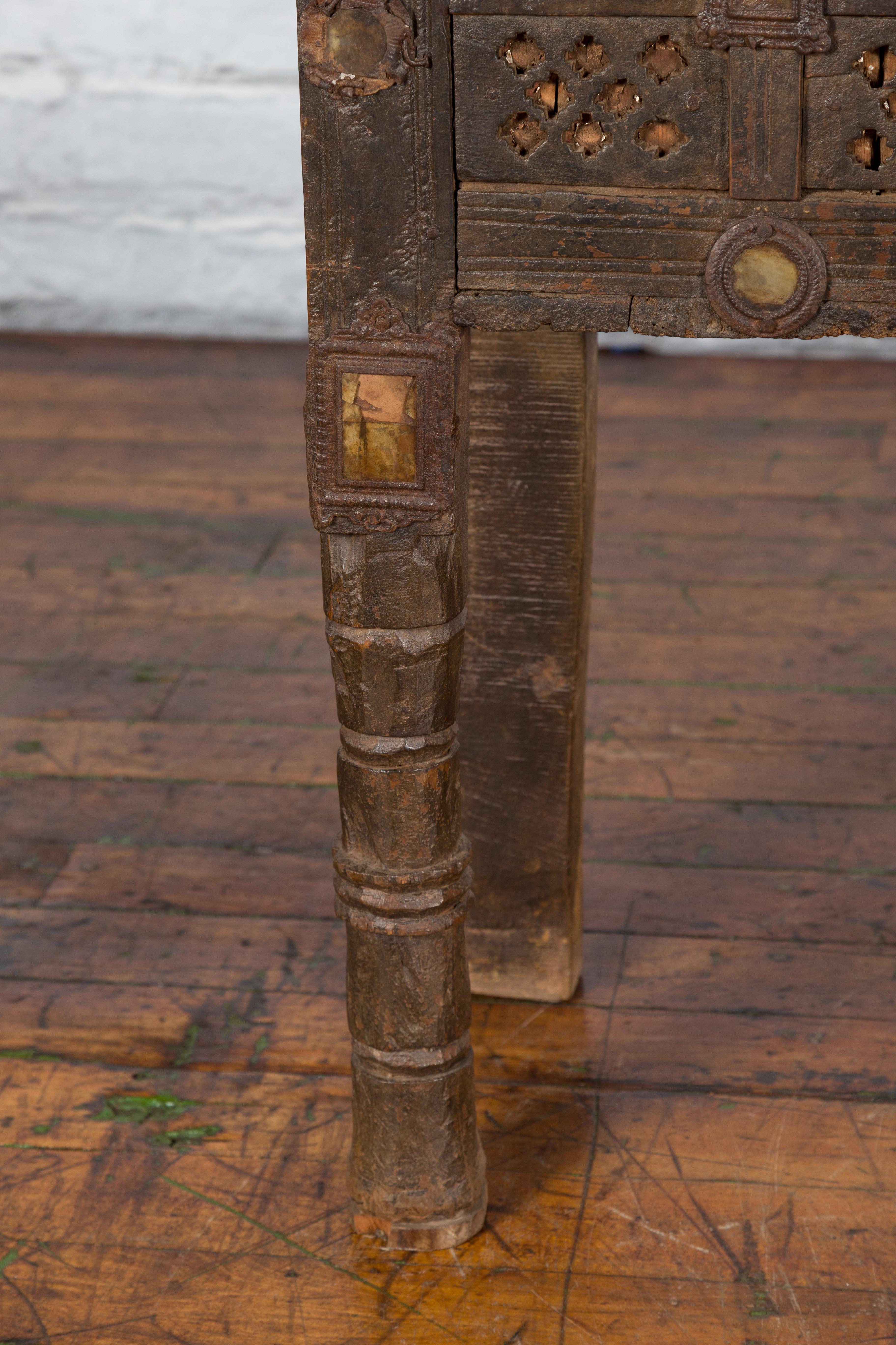 Indian Antique Damachiya Cabinet on Legs with Geometric Design and Horse Heads 2