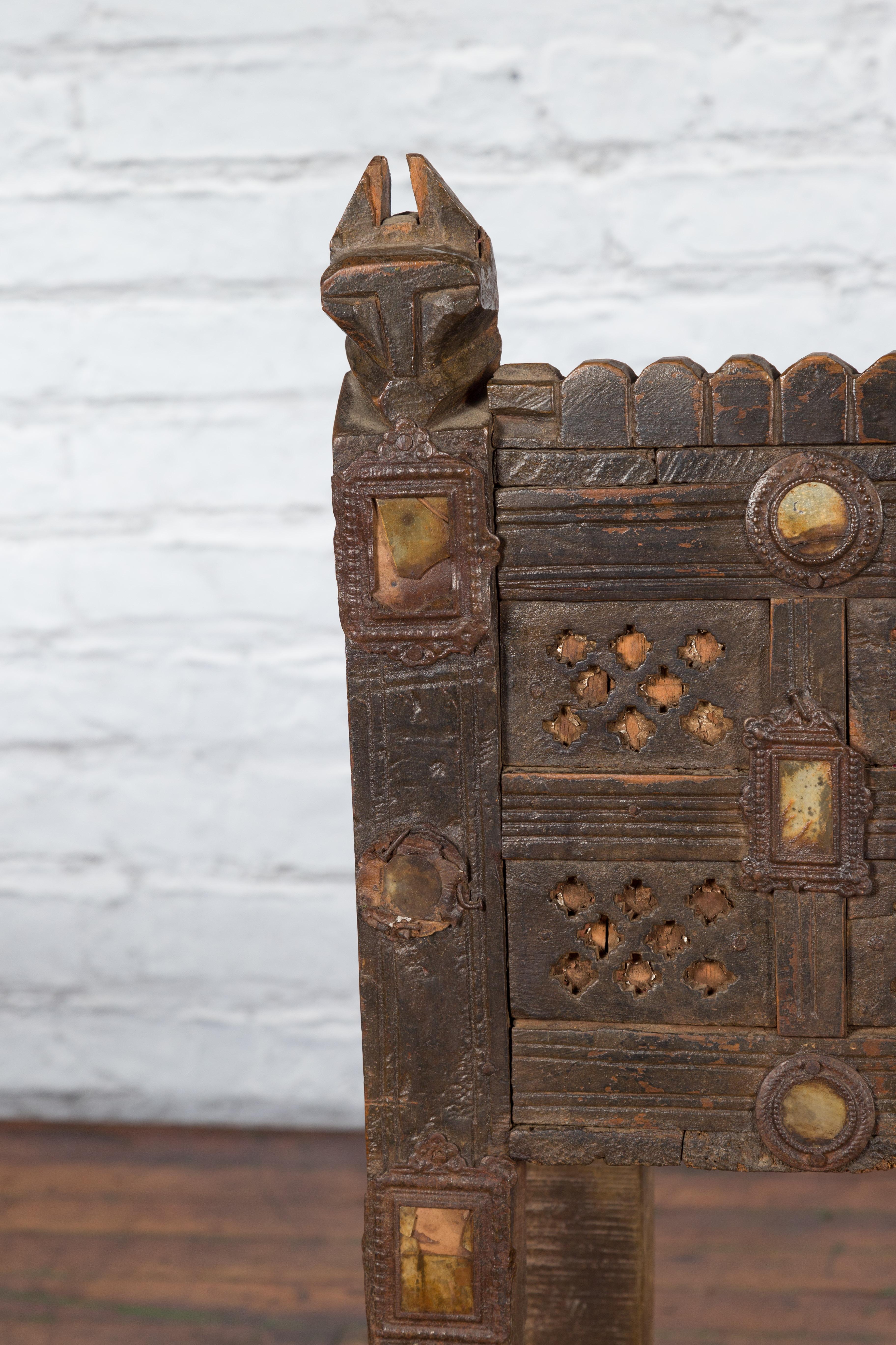 Indian Antique Damachiya Cabinet on Legs with Geometric Design and Horse Heads 3
