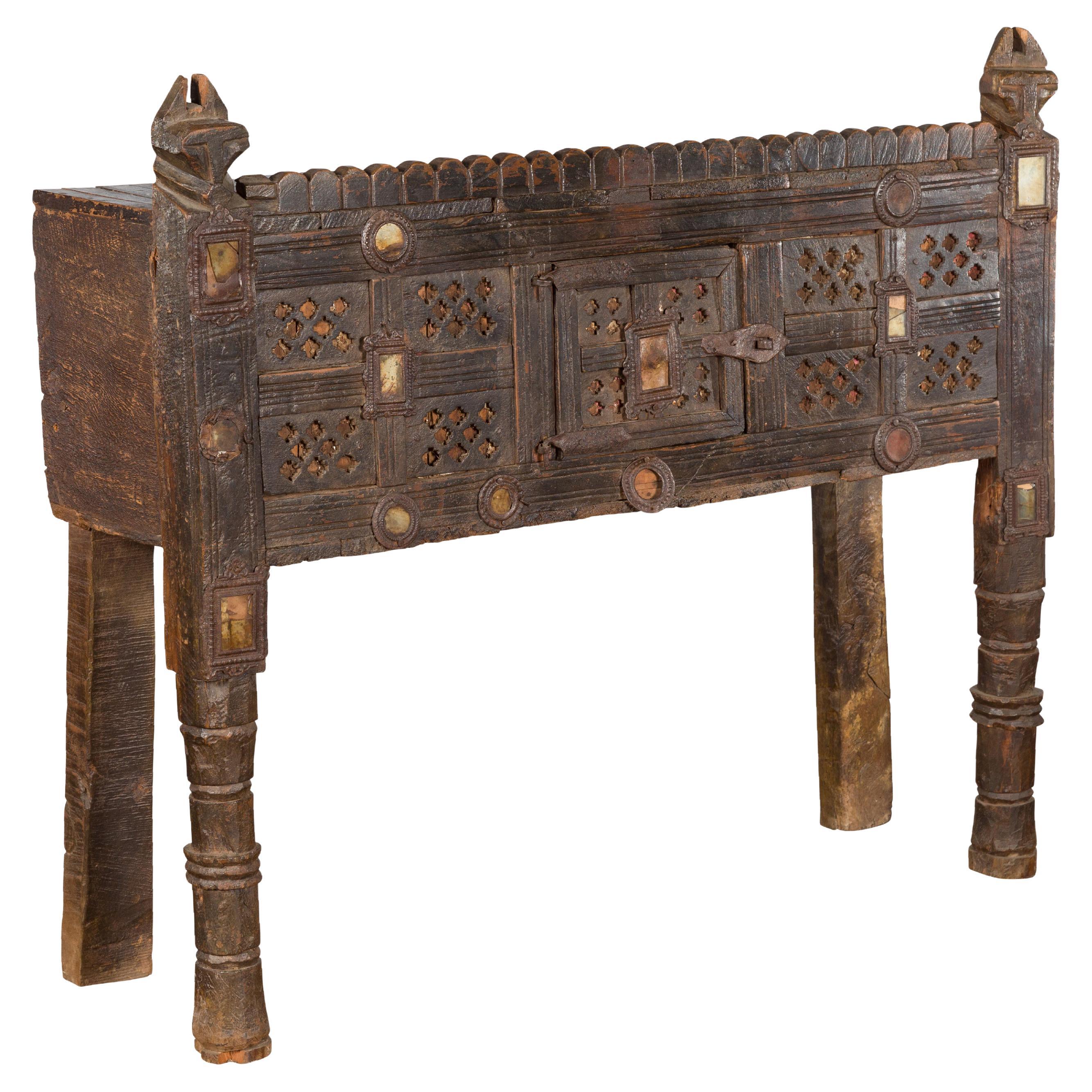 Indian Antique Damachiya Cabinet on Legs with Geometric Design and Horse Heads
