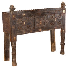 Indian Used Damachiya Cabinet on Legs with Geometric Design and Horse Heads