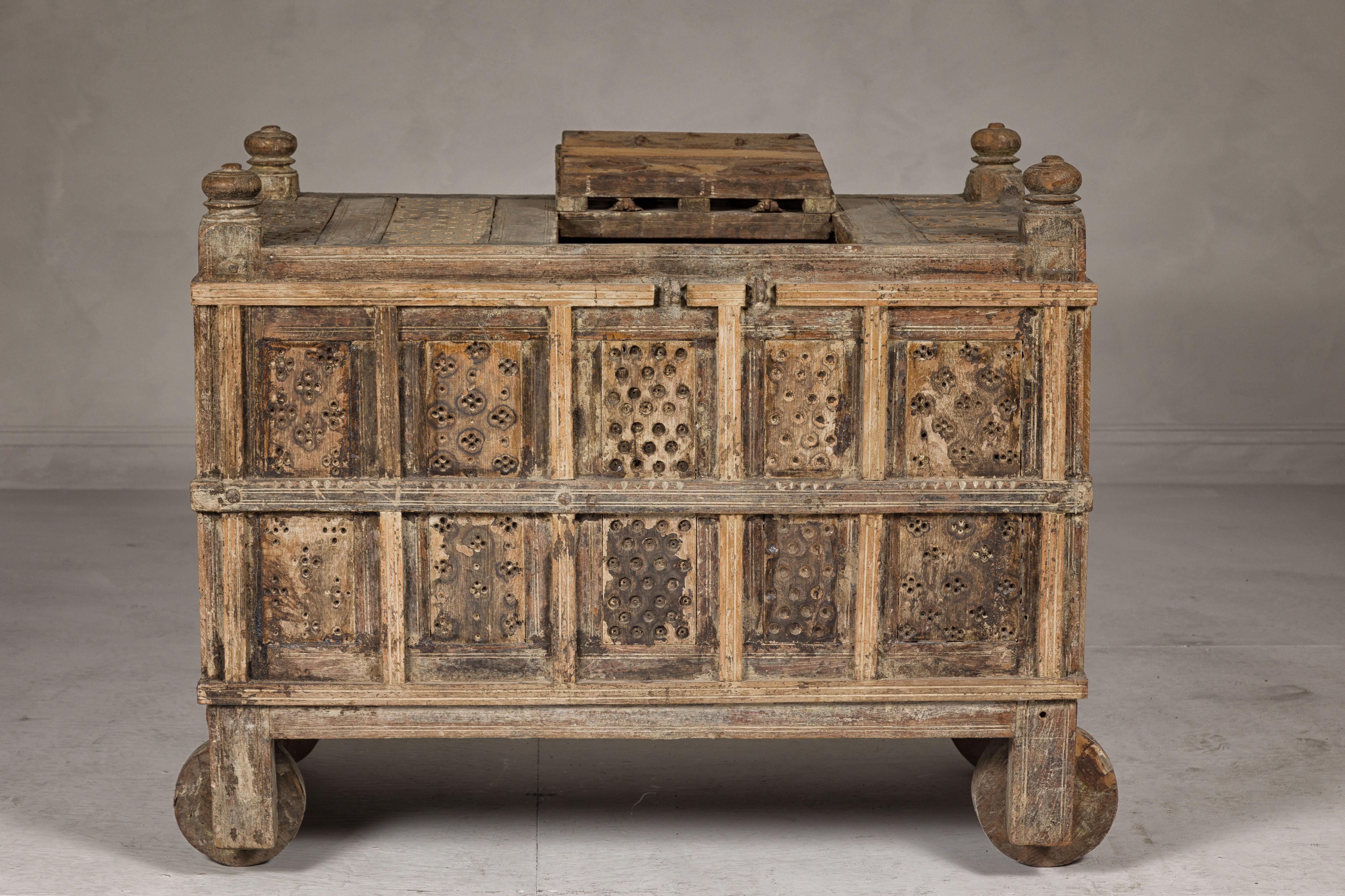 Indian Antique Damachiya Dowry Chest on Wheels with Hand-Carved Panels For Sale 6