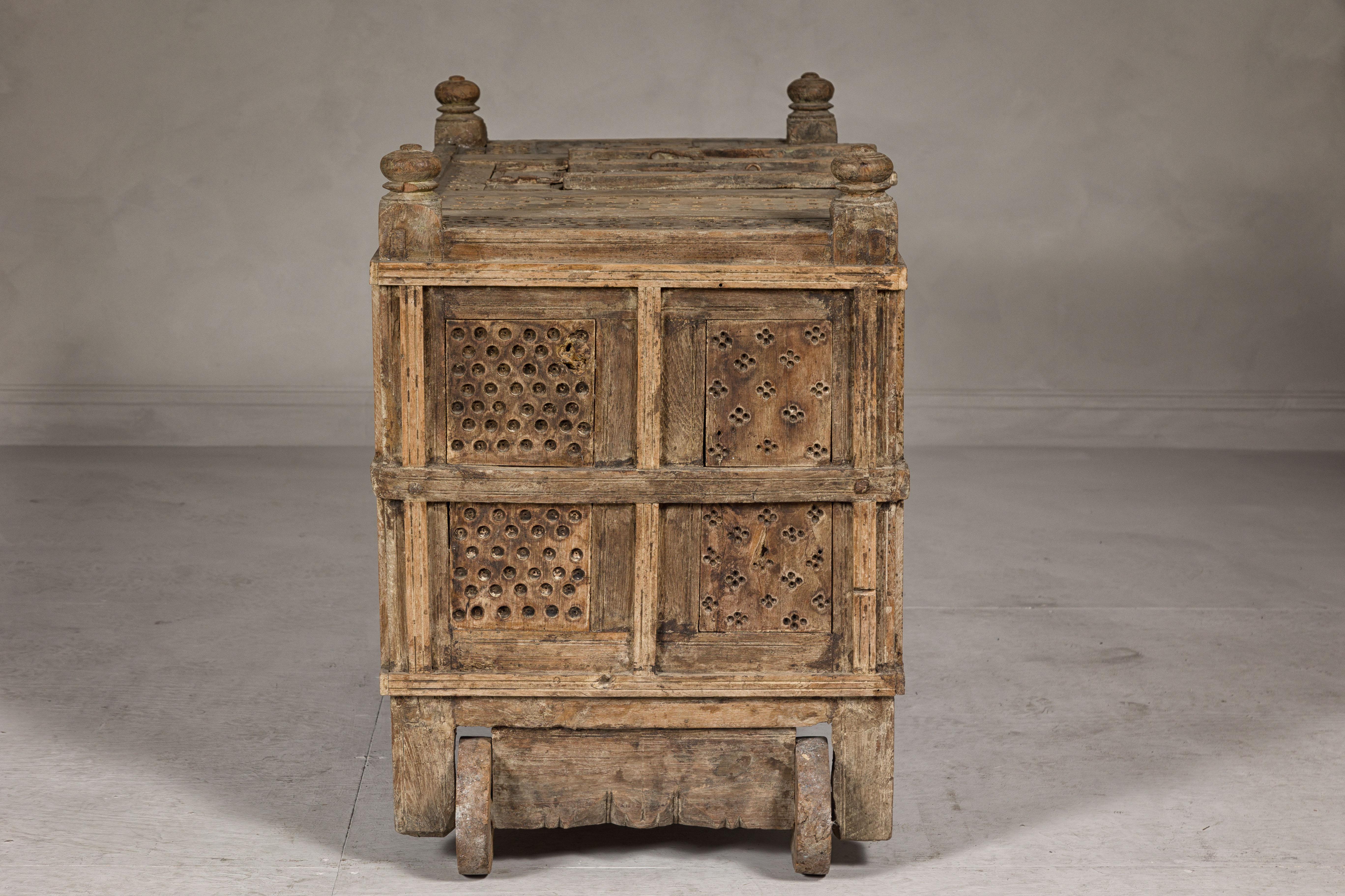 Indian Antique Damachiya Dowry Chest on Wheels with Hand-Carved Panels For Sale 9