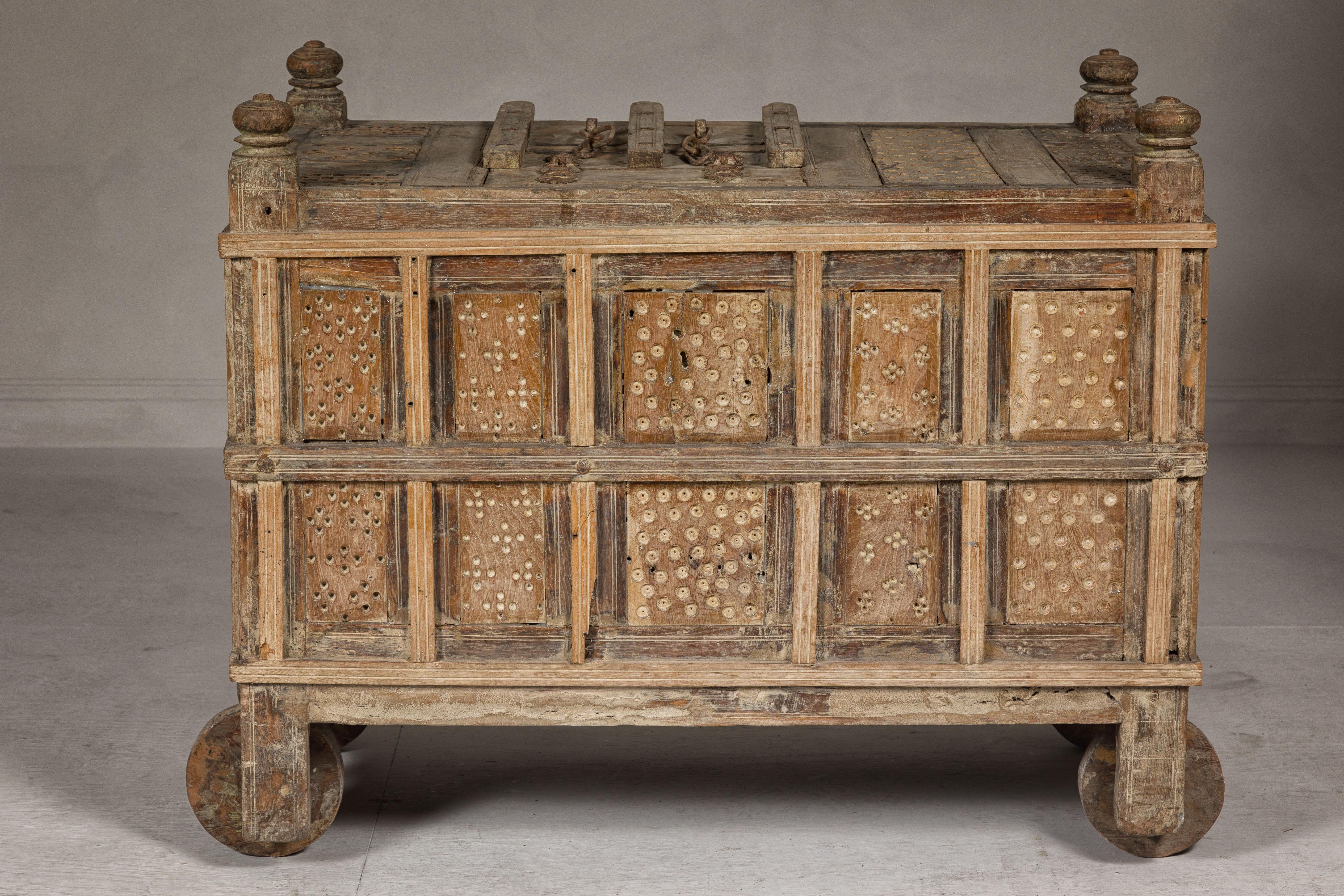 Indian Antique Damachiya Dowry Chest on Wheels with Hand-Carved Panels For Sale 10