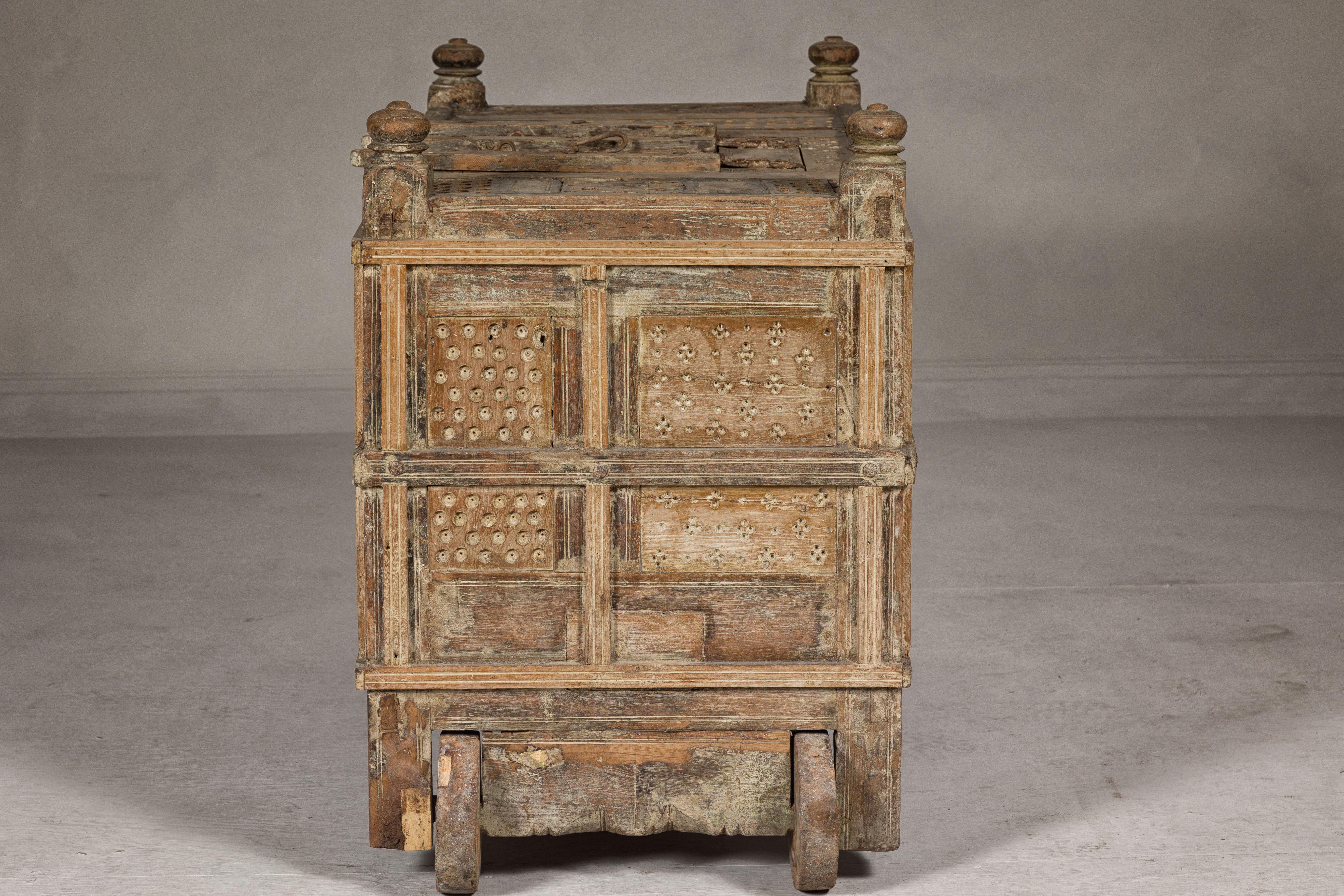 Indian Antique Damachiya Dowry Chest on Wheels with Hand-Carved Panels For Sale 11