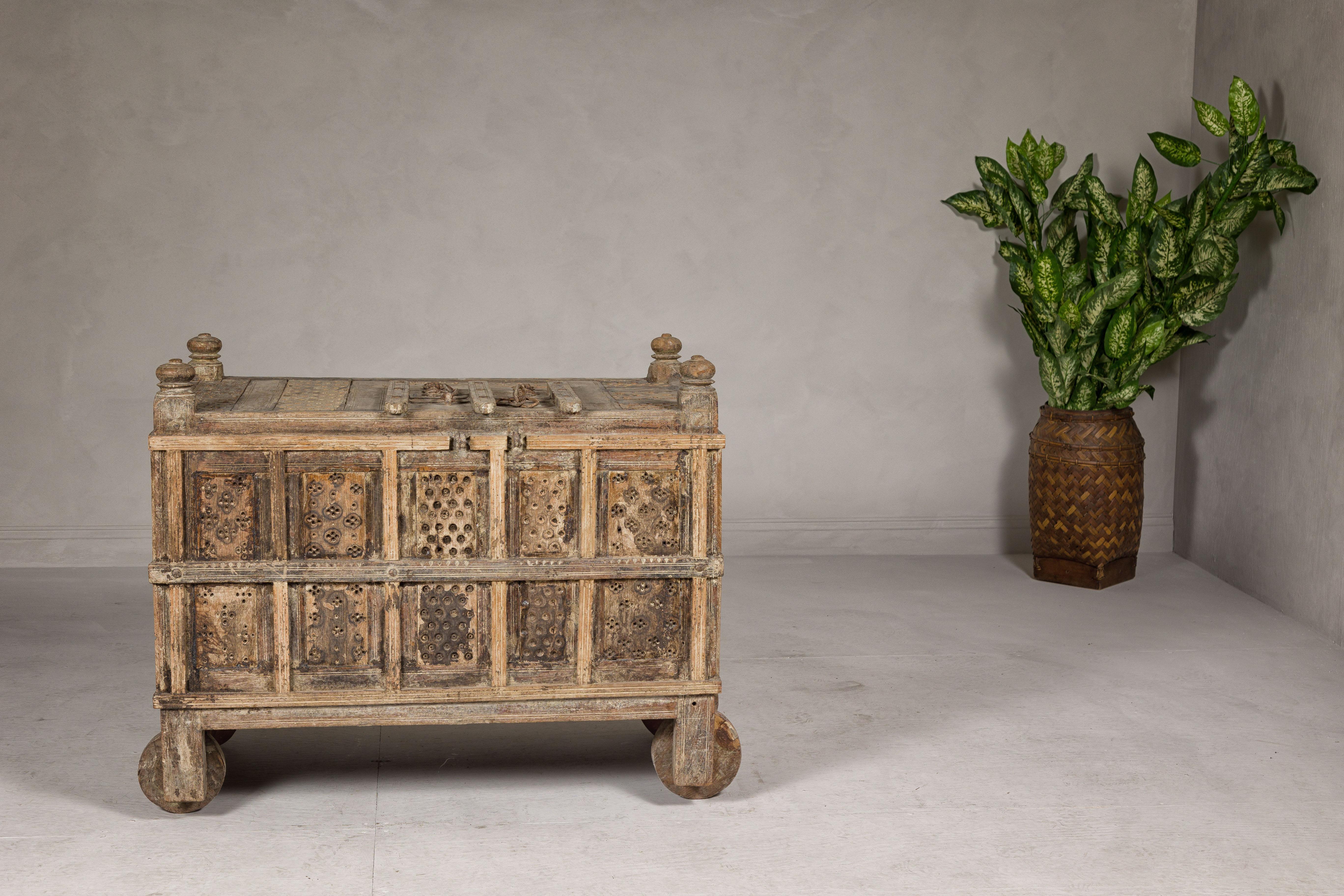 Indian Antique Damachiya Dowry Chest on Wheels with Hand-Carved Panels In Good Condition For Sale In Yonkers, NY