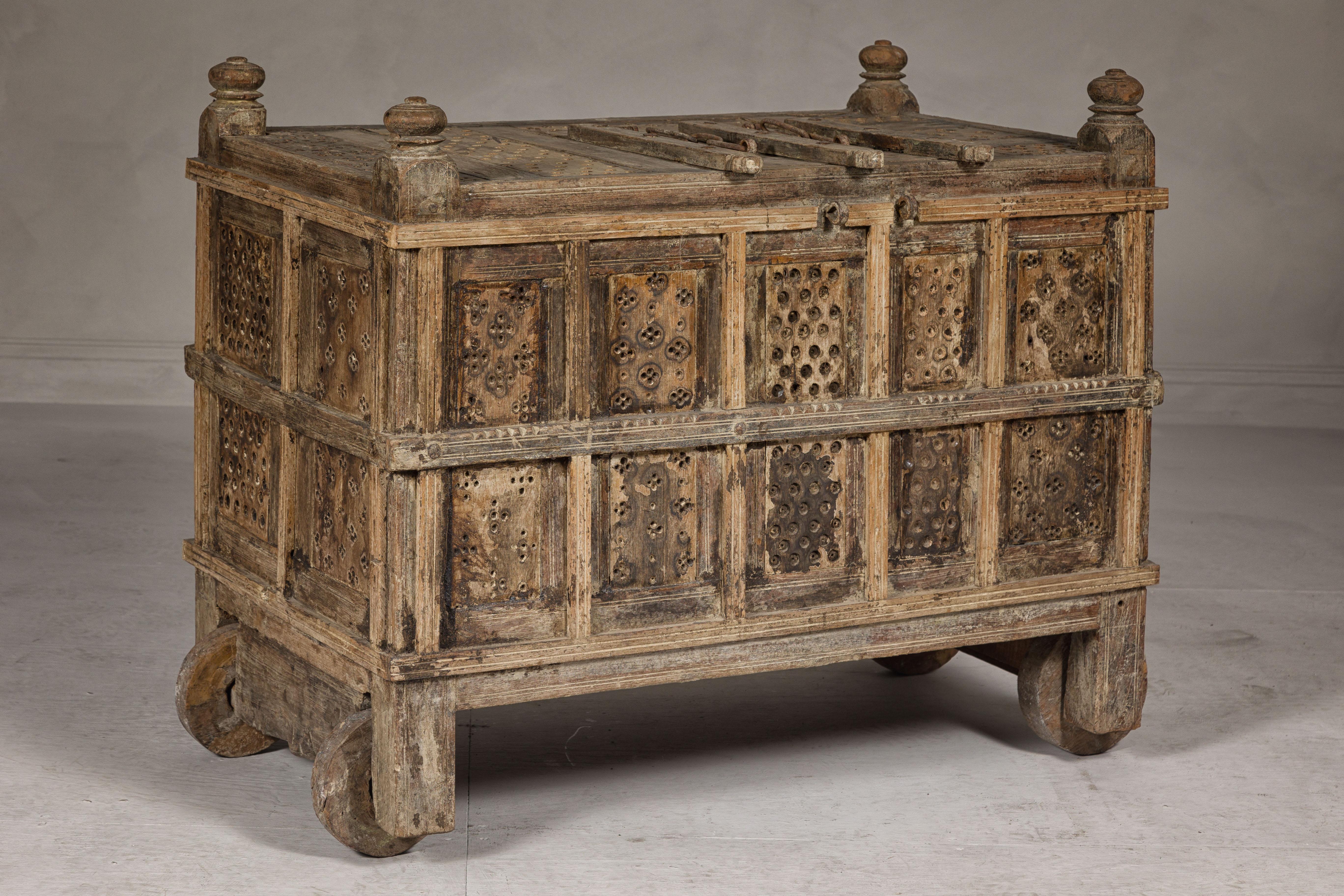 19th Century Indian Antique Damachiya Dowry Chest on Wheels with Hand-Carved Panels For Sale