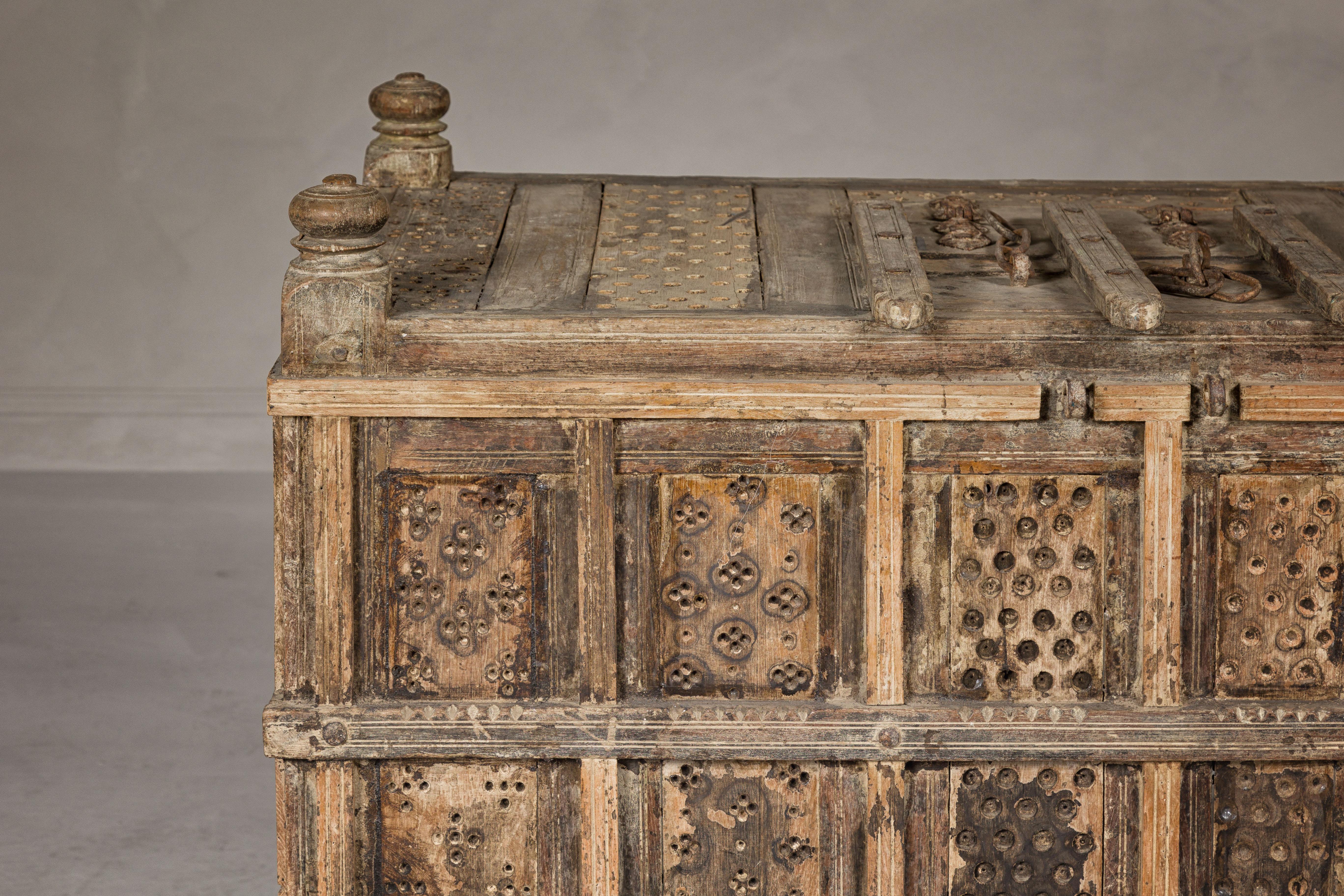Wood Indian Antique Damachiya Dowry Chest on Wheels with Hand-Carved Panels For Sale