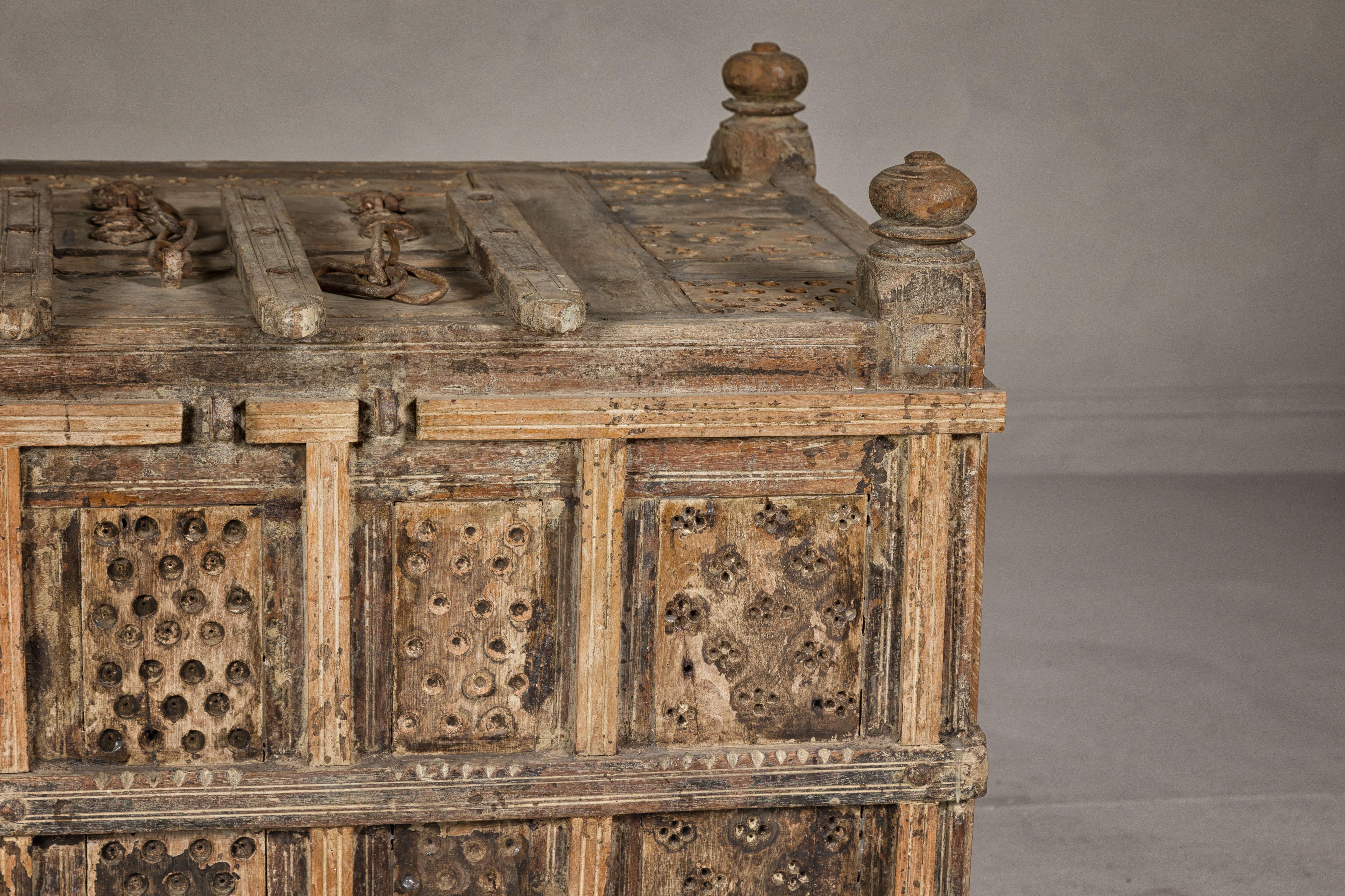 Indian Antique Damachiya Dowry Chest on Wheels with Hand-Carved Panels For Sale 1