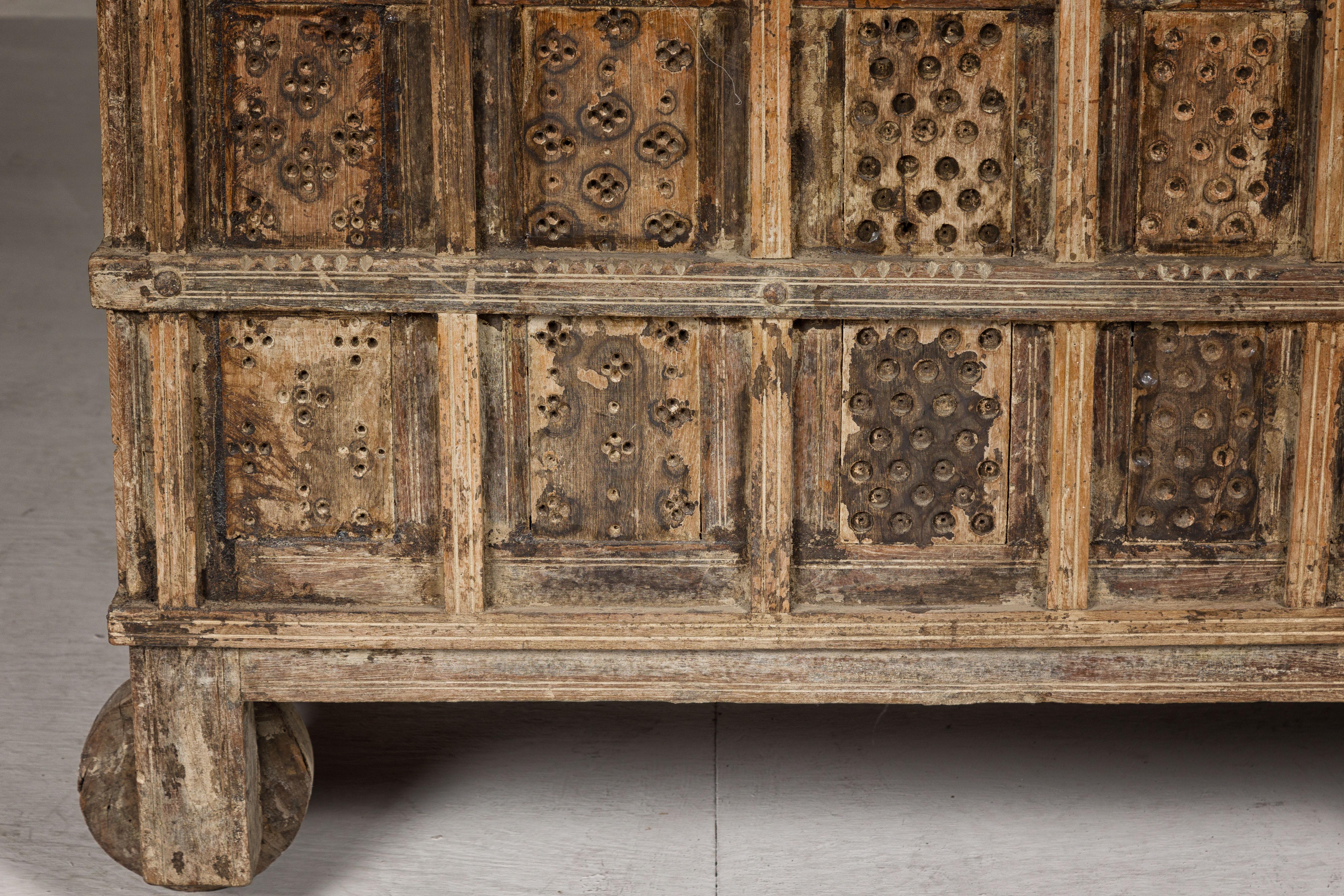 Indian Antique Damachiya Dowry Chest on Wheels with Hand-Carved Panels For Sale 2