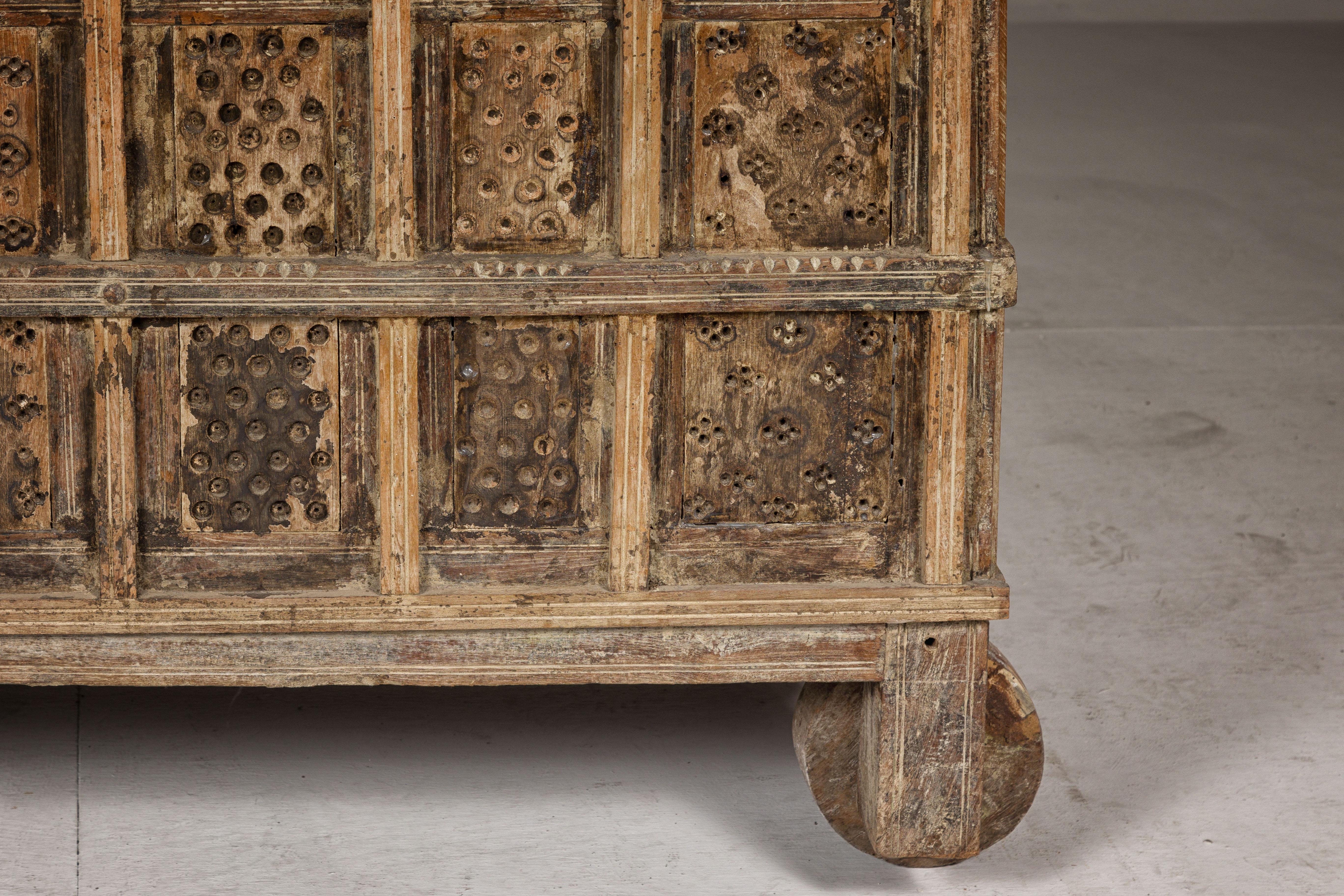 Indian Antique Damachiya Dowry Chest on Wheels with Hand-Carved Panels For Sale 3