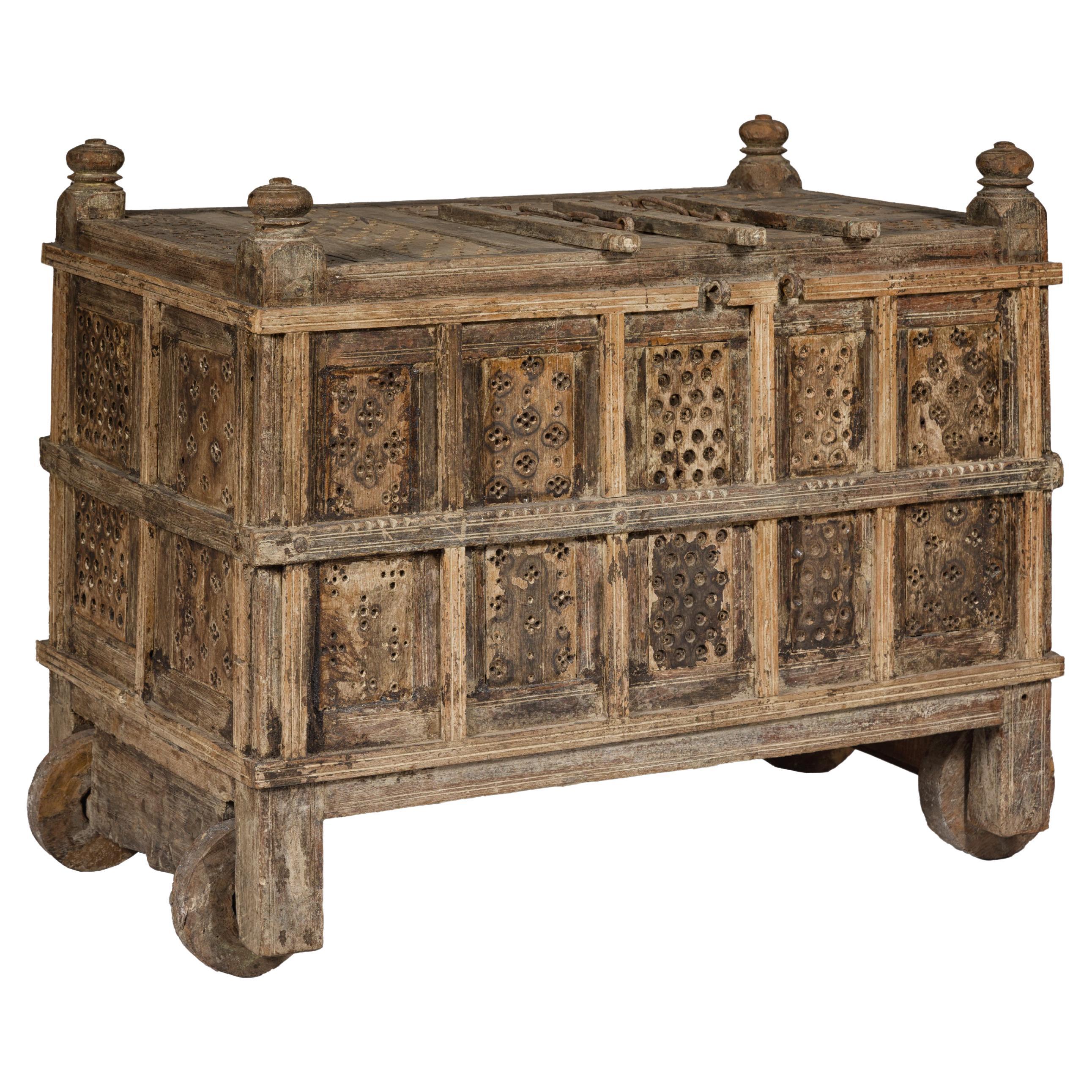 Indian Antique Damachiya Dowry Chest on Wheels with Hand-Carved Panels For Sale