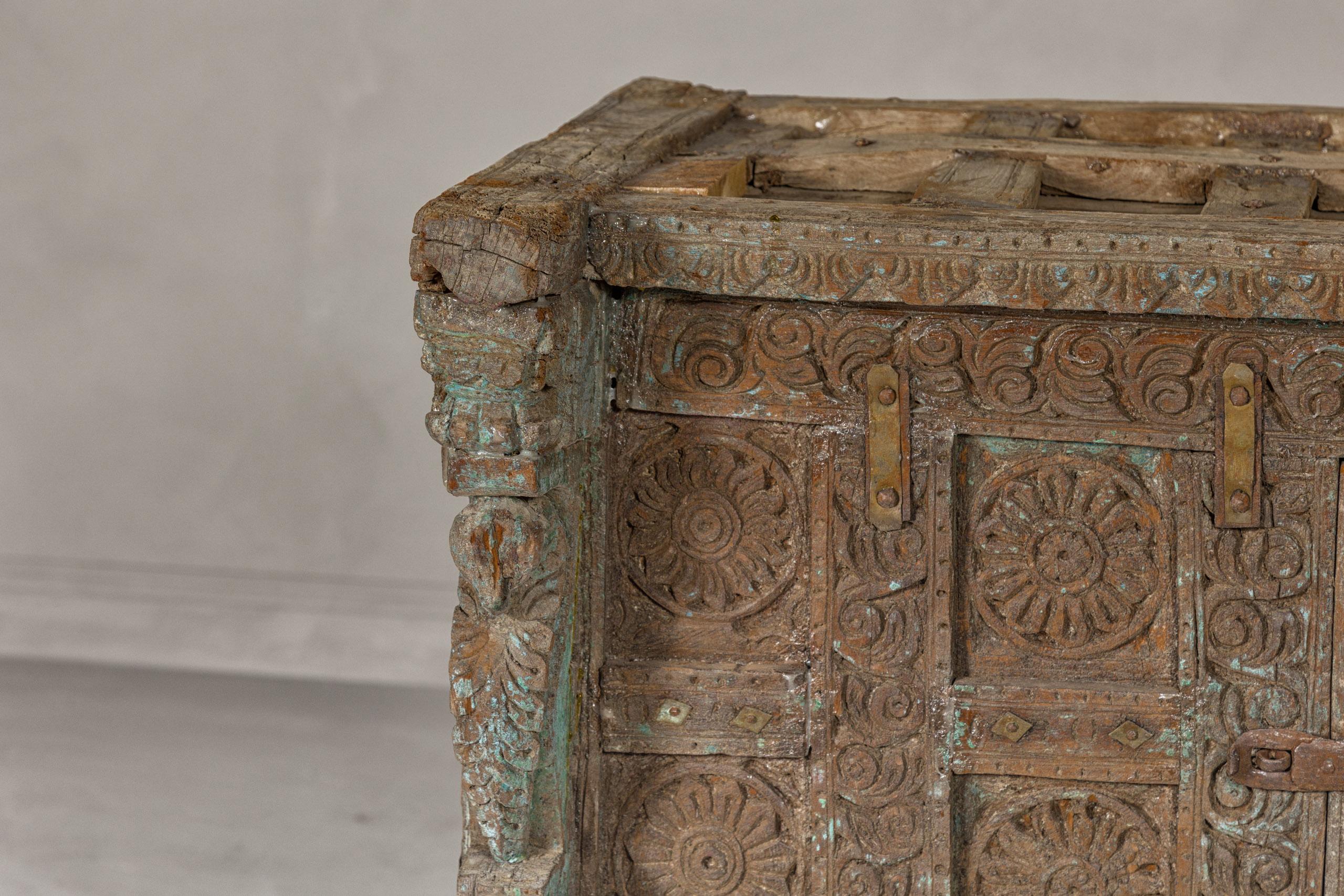 Indian Antique Damachiya Wedding Cabinet on Legs with Carved Décor For Sale 7