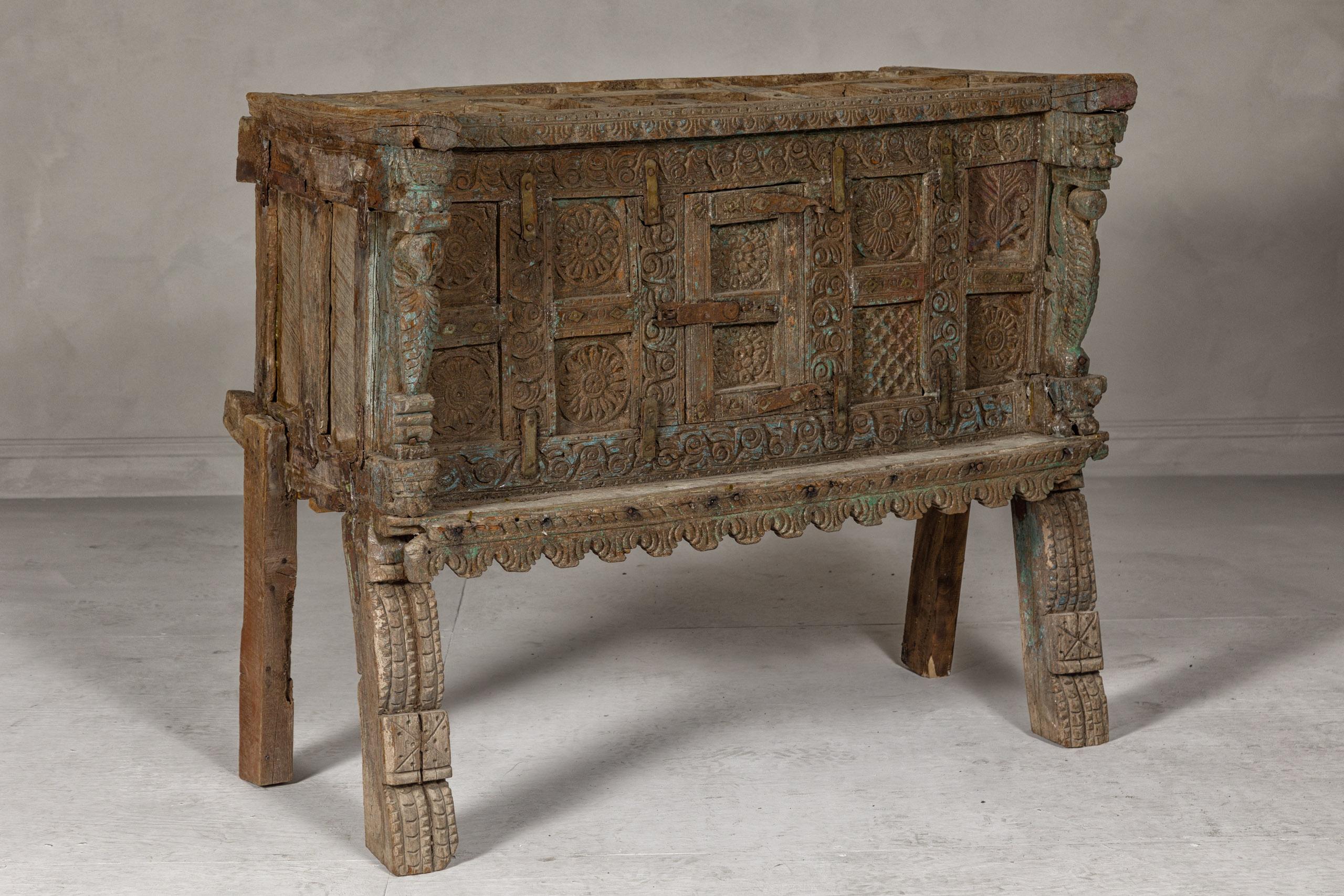 Hand-Carved Indian Antique Damachiya Wedding Cabinet on Legs with Carved Décor For Sale