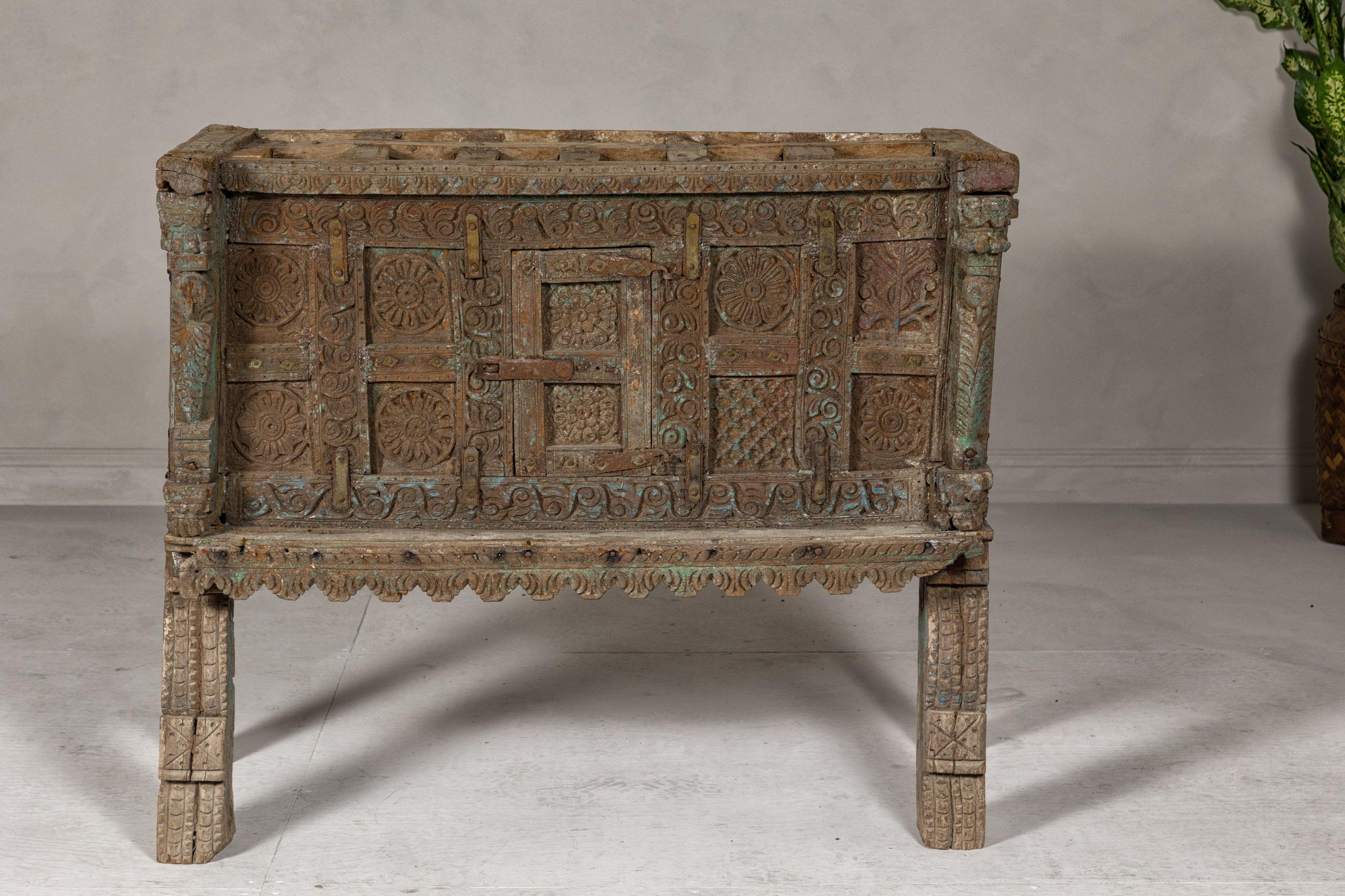 Indian Antique Damachiya Wedding Cabinet on Legs with Carved Décor In Good Condition For Sale In Yonkers, NY