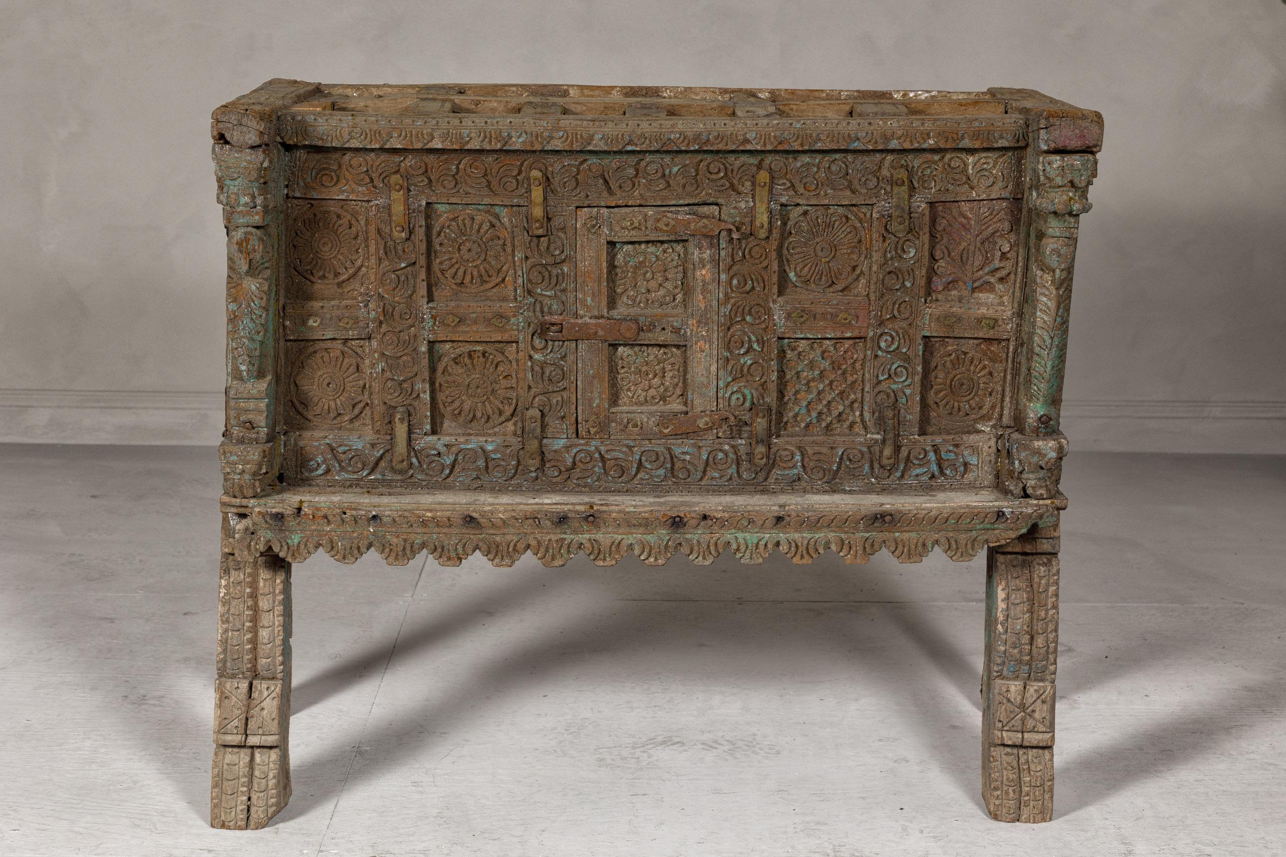 19th Century Indian Antique Damachiya Wedding Cabinet on Legs with Carved Décor For Sale