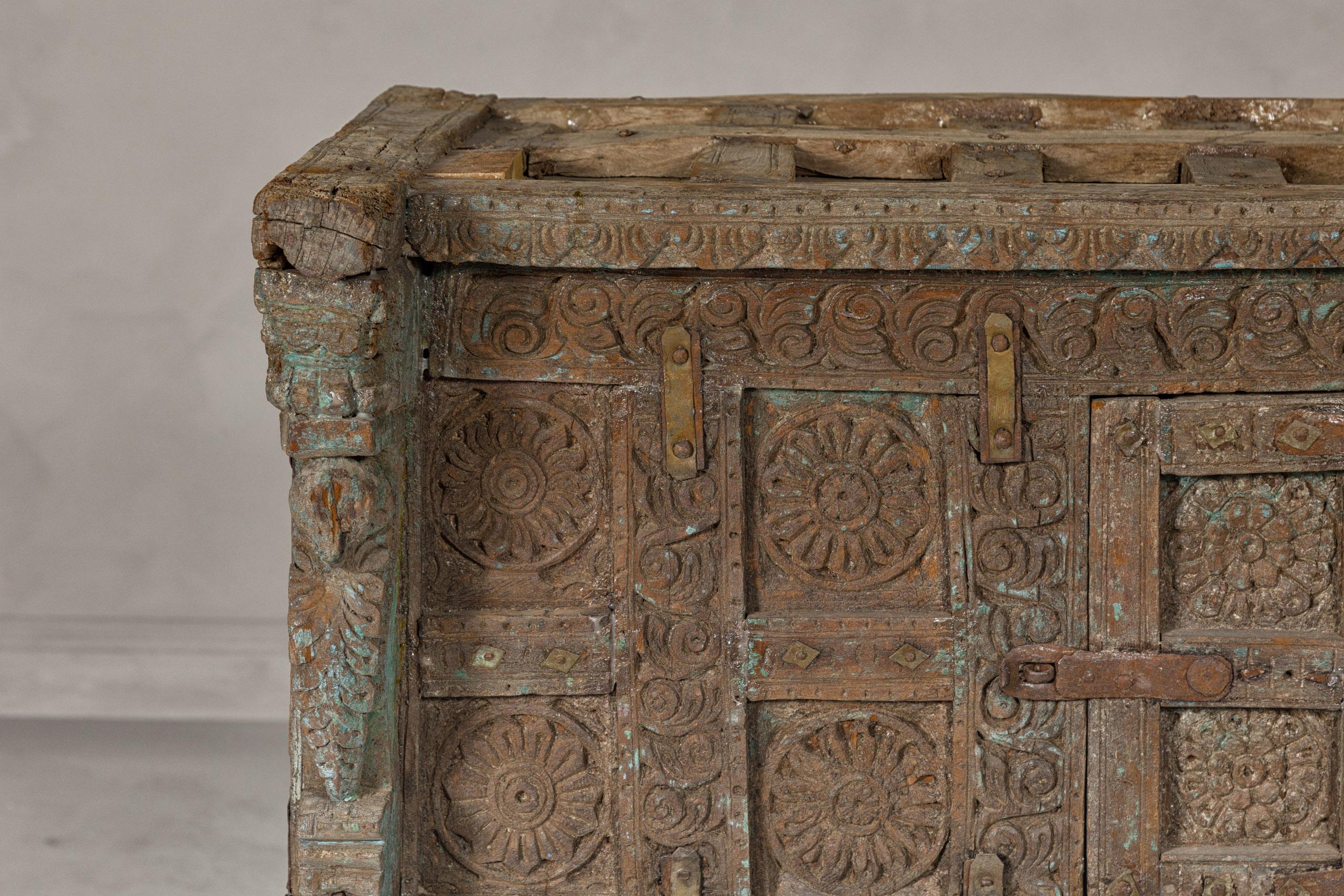 Wood Indian Antique Damachiya Wedding Cabinet on Legs with Carved Décor For Sale