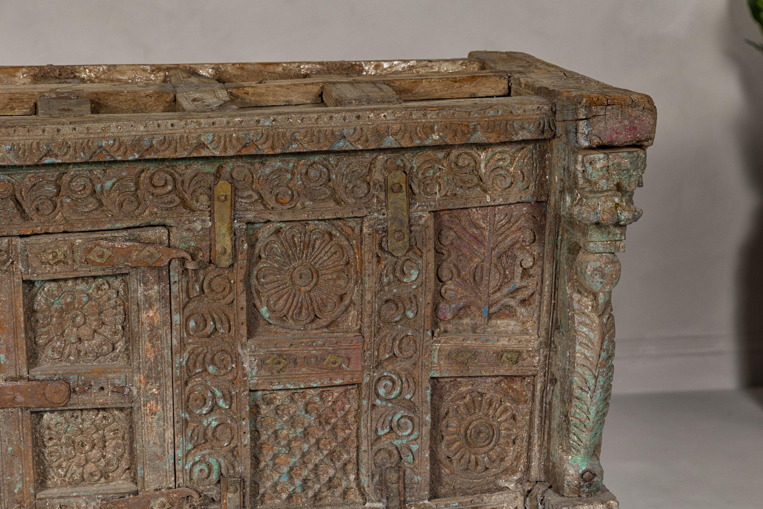 Indian Antique Damachiya Wedding Cabinet on Legs with Carved Décor For Sale 1