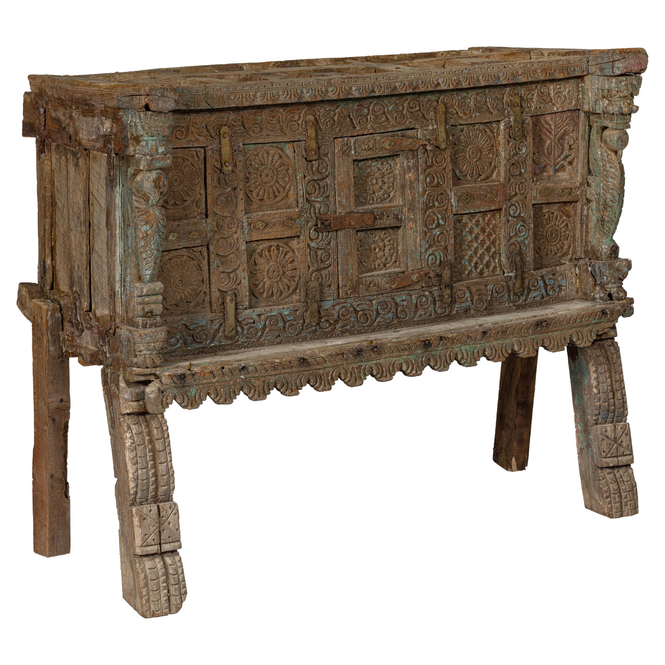 Indian Antique Damachiya Wedding Cabinet on Legs with Carved Décor For Sale