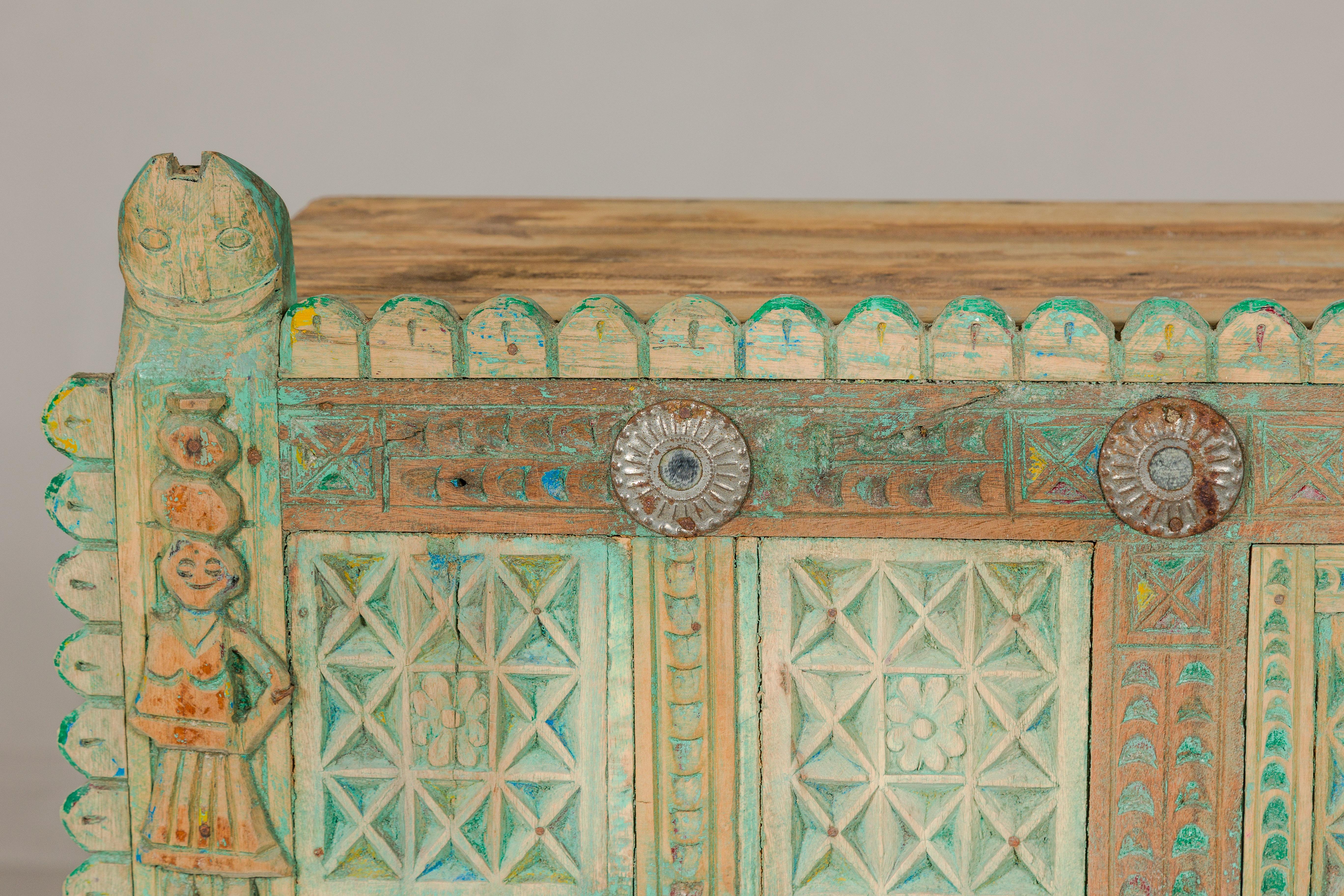 Indian Antique Green Painted Damachiya Wedding Cabinet on Legs with Carved Décor For Sale 5
