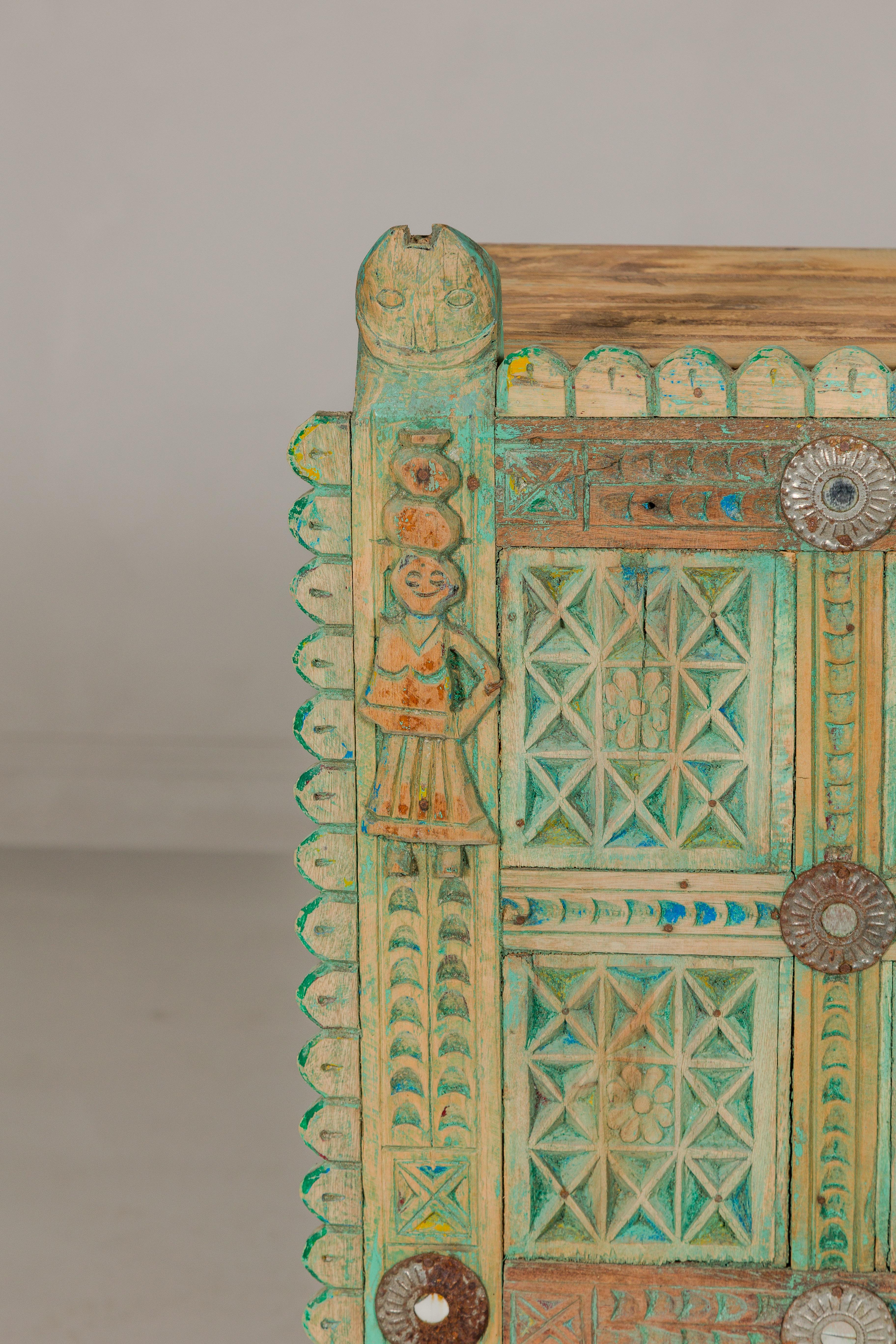 Indian Antique Green Painted Damachiya Wedding Cabinet on Legs with Carved Décor For Sale 6