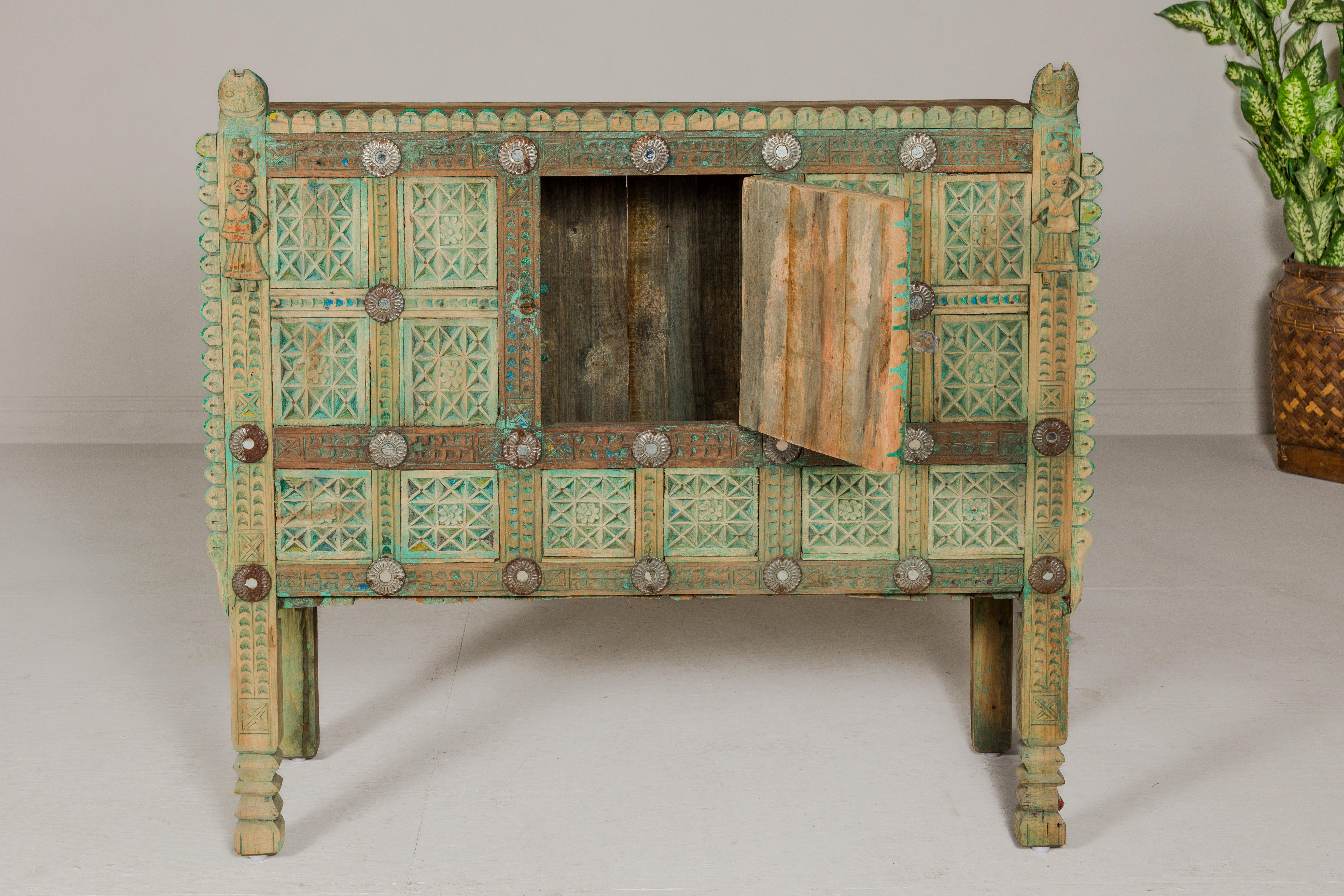 Indian Antique Green Painted Damachiya Wedding Cabinet on Legs with Carved Décor For Sale 7