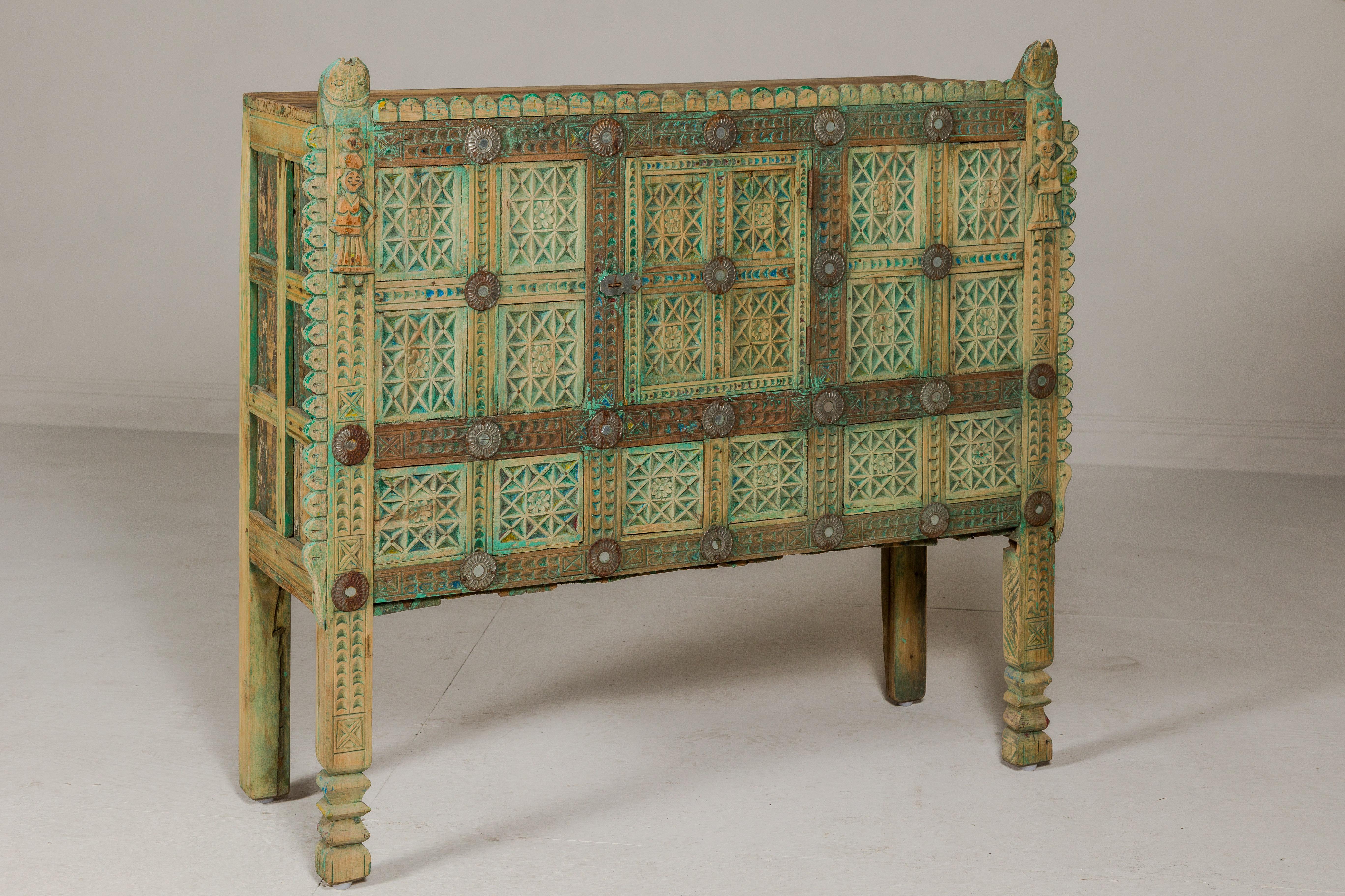 Indian Antique Green Painted Damachiya Wedding Cabinet on Legs with Carved Décor For Sale 8
