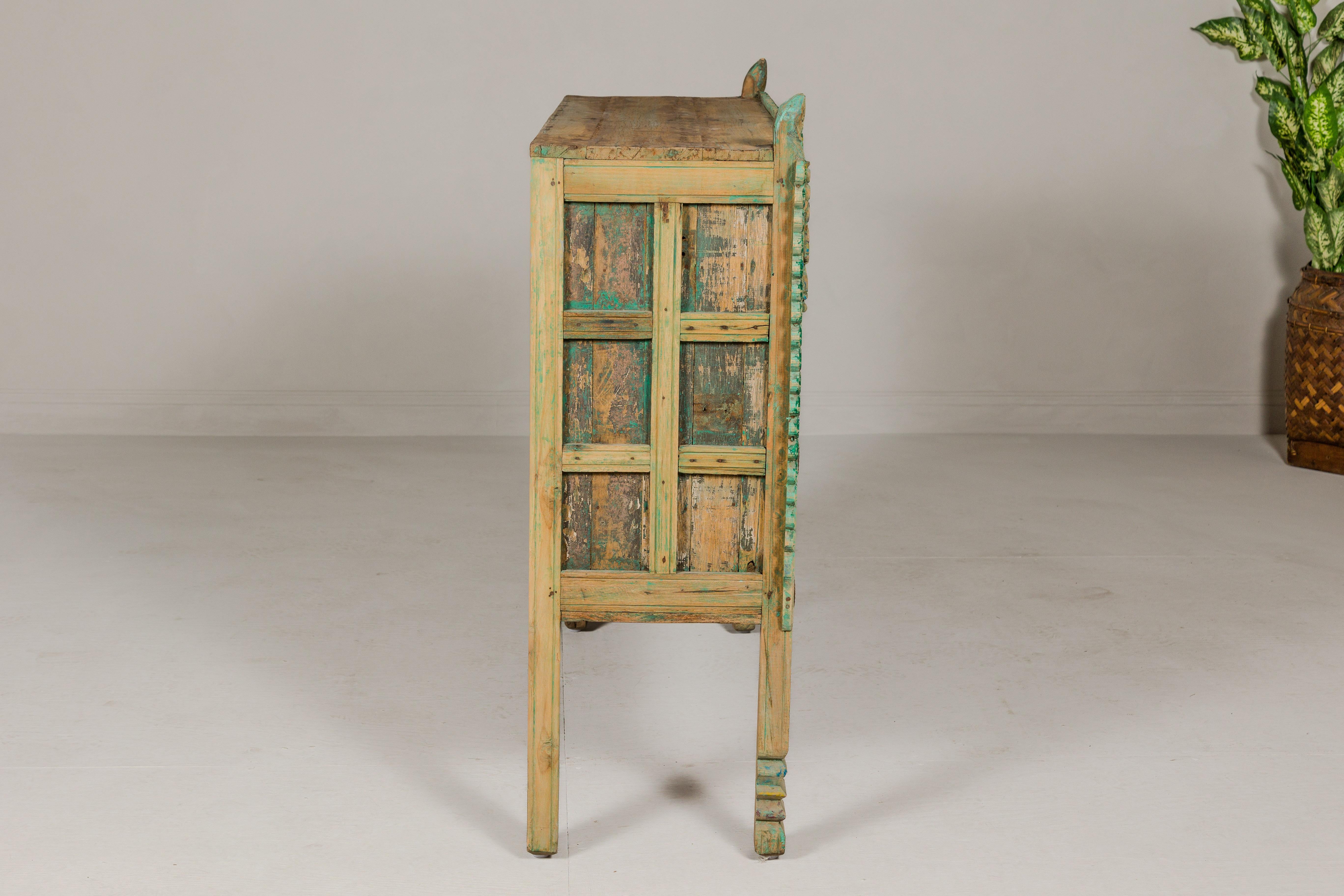 Indian Antique Green Painted Damachiya Wedding Cabinet on Legs with Carved Décor For Sale 9