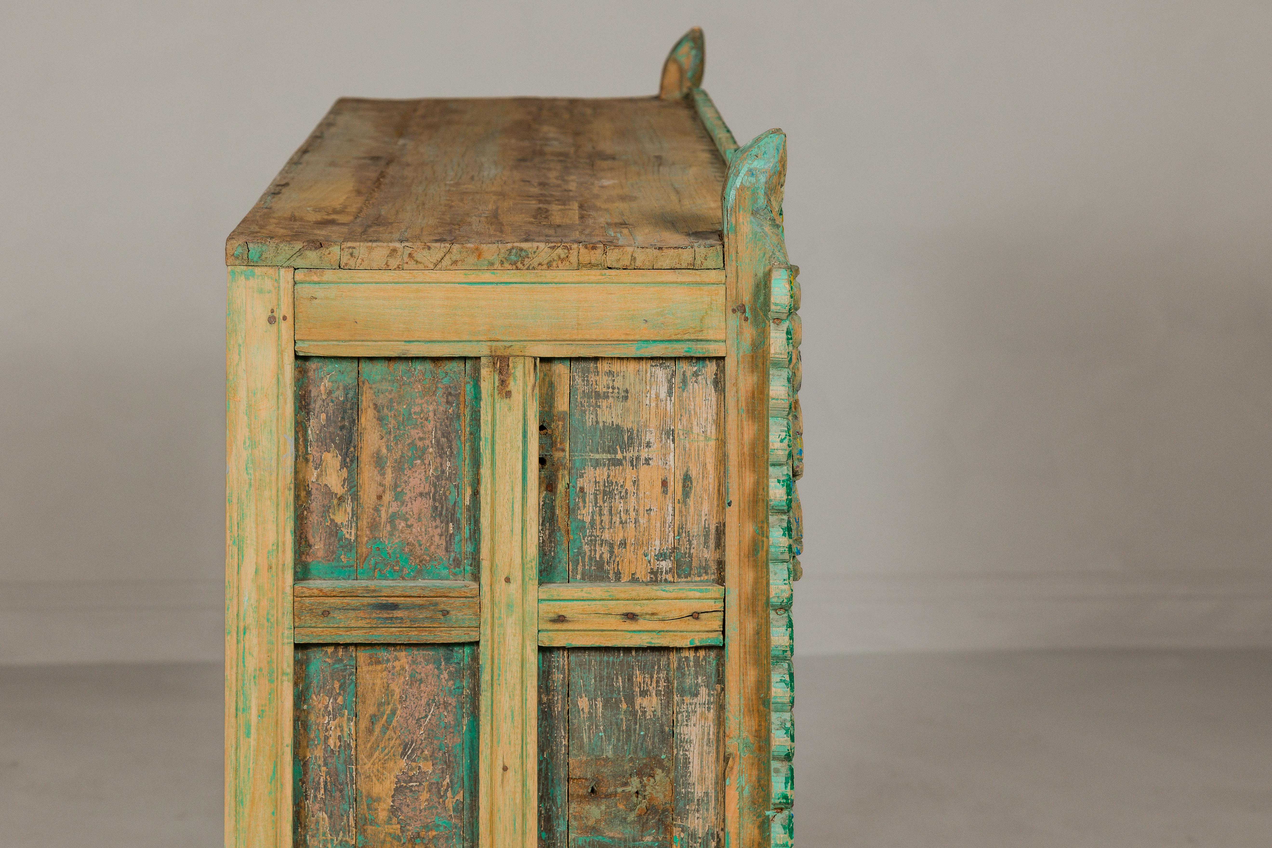 Indian Antique Green Painted Damachiya Wedding Cabinet on Legs with Carved Décor For Sale 10