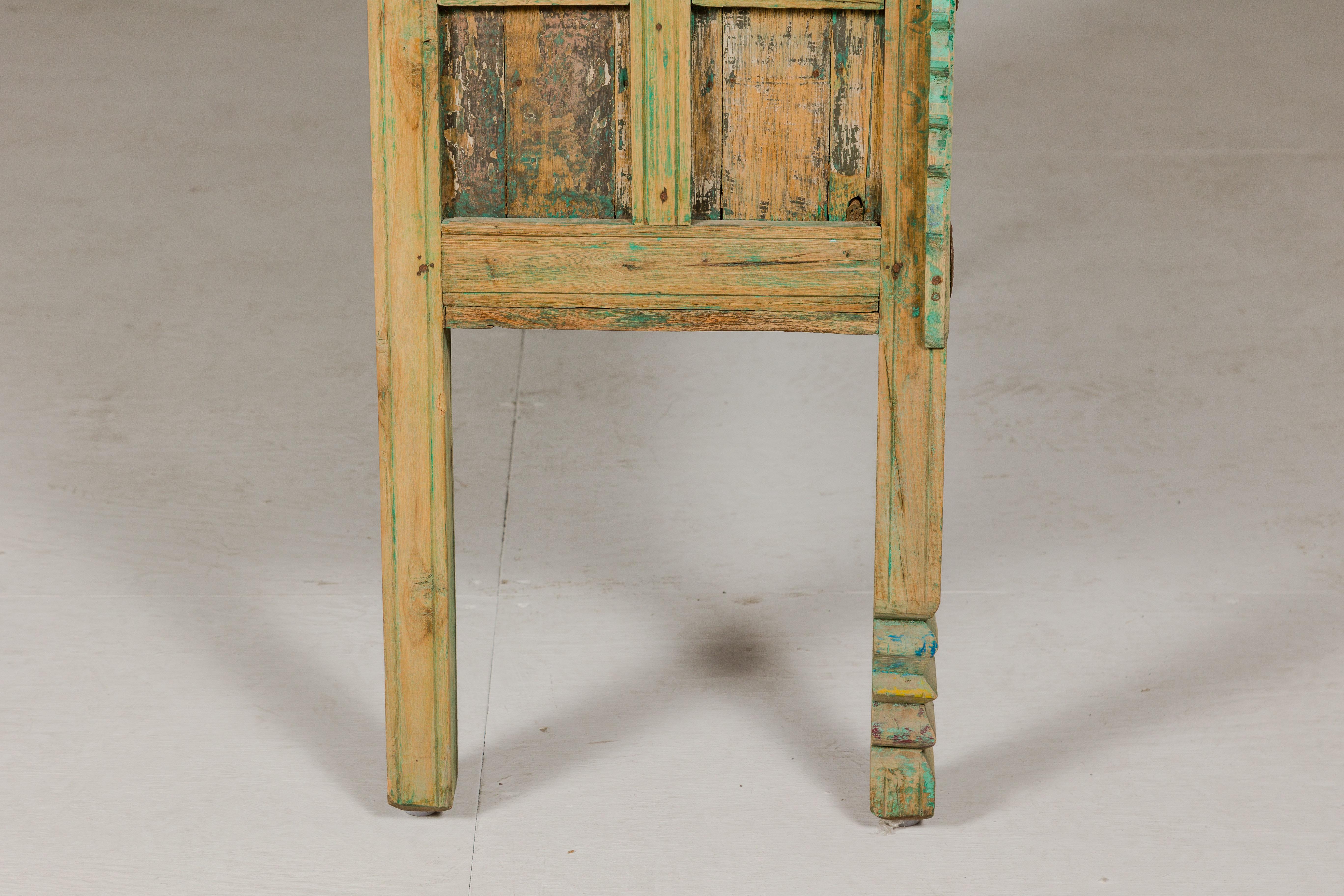 Indian Antique Green Painted Damachiya Wedding Cabinet on Legs with Carved Décor For Sale 11
