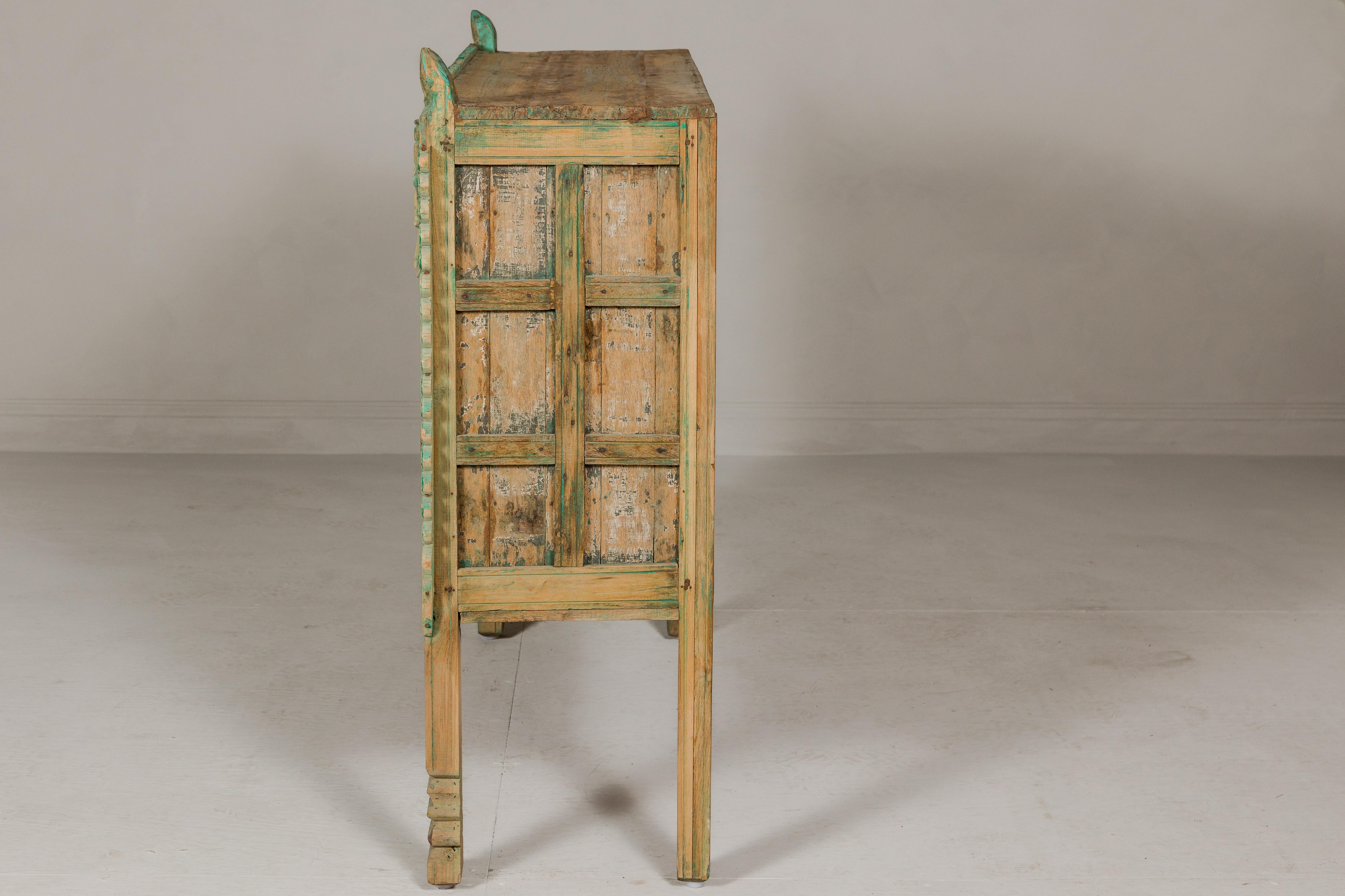 Indian Antique Green Painted Damachiya Wedding Cabinet on Legs with Carved Décor For Sale 13