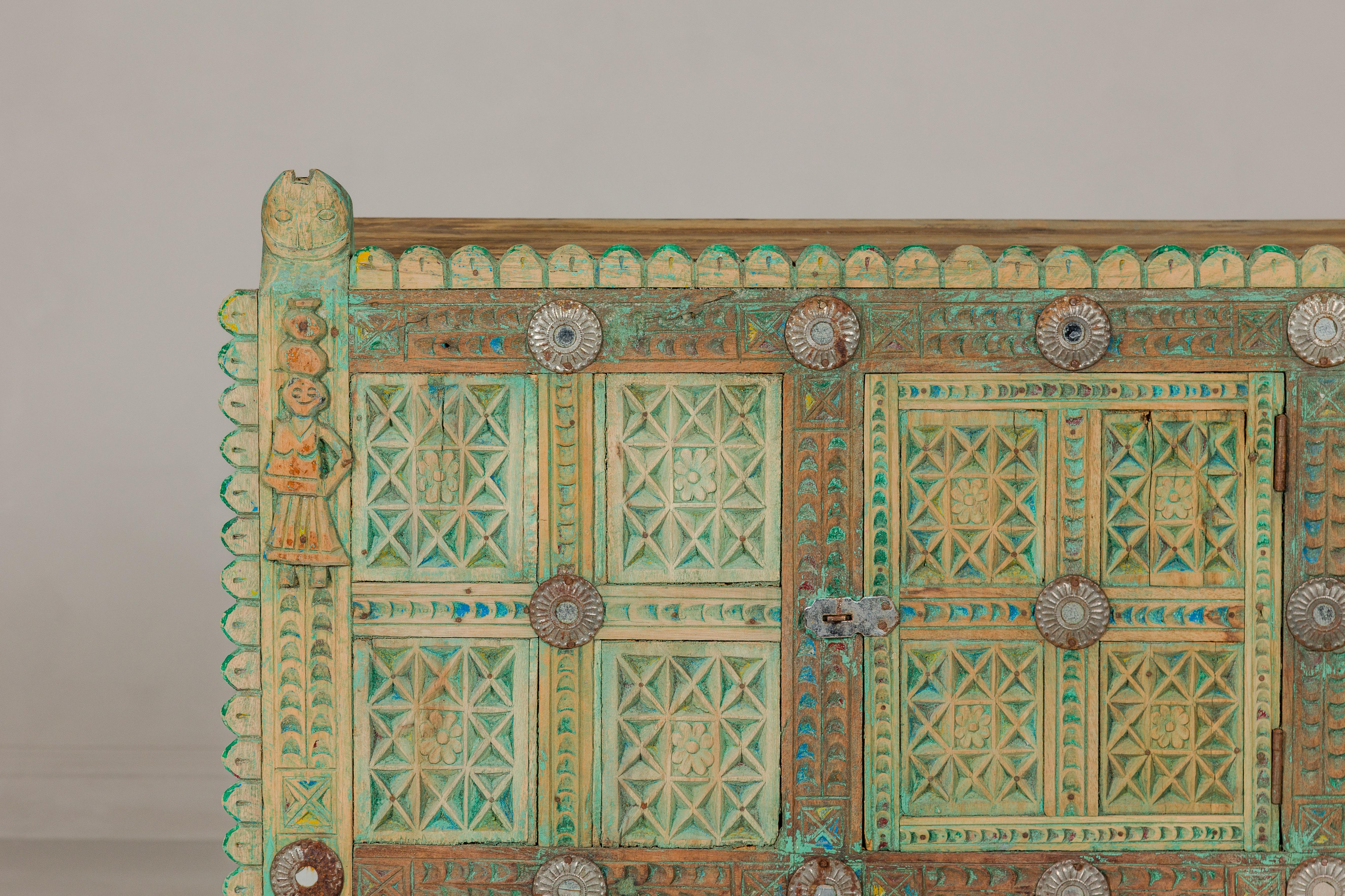 Indian Antique Green Painted Damachiya Wedding Cabinet on Legs with Carved Décor In Good Condition For Sale In Yonkers, NY