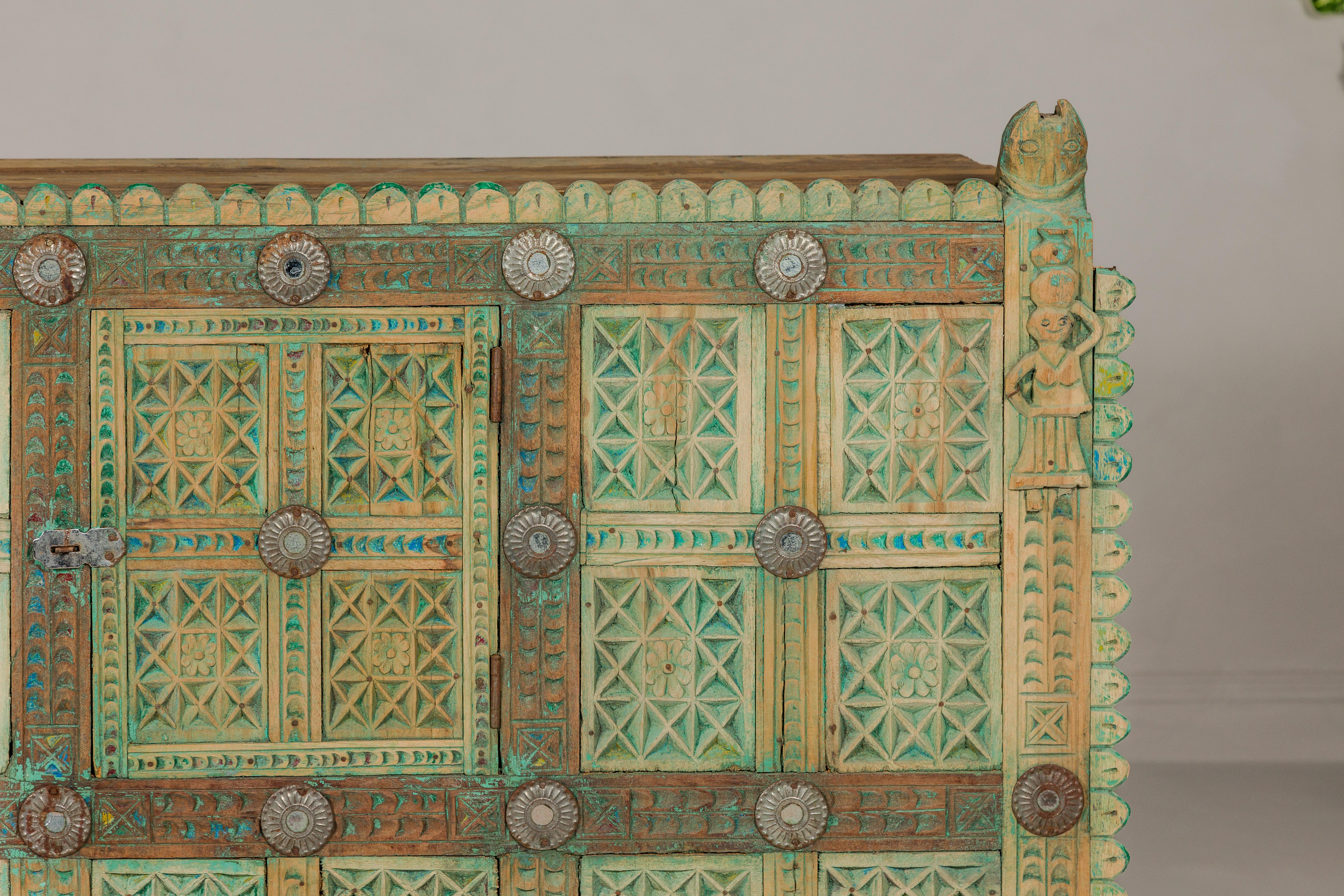 19th Century Indian Antique Green Painted Damachiya Wedding Cabinet on Legs with Carved Décor For Sale
