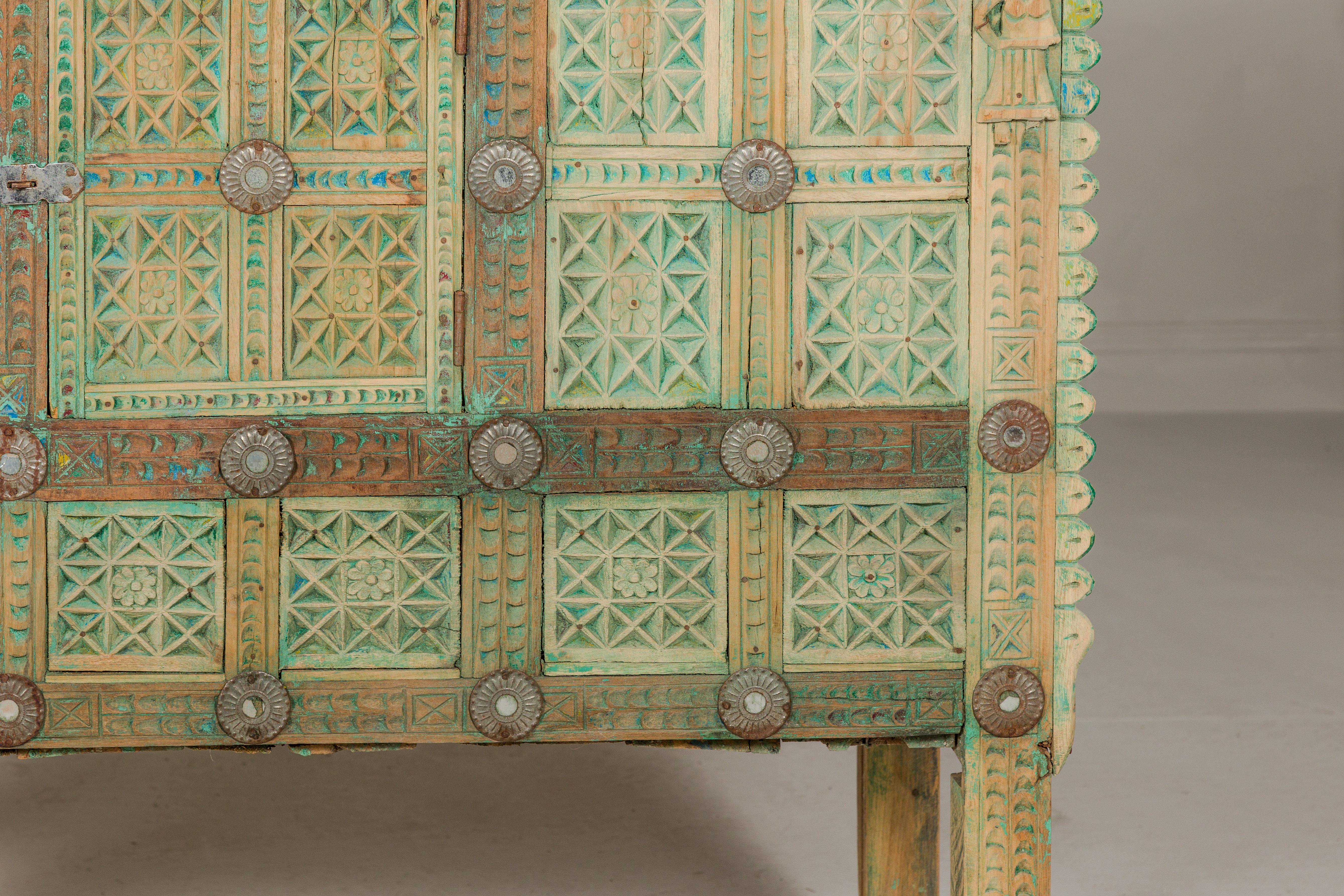 Indian Antique Green Painted Damachiya Wedding Cabinet on Legs with Carved Décor For Sale 1